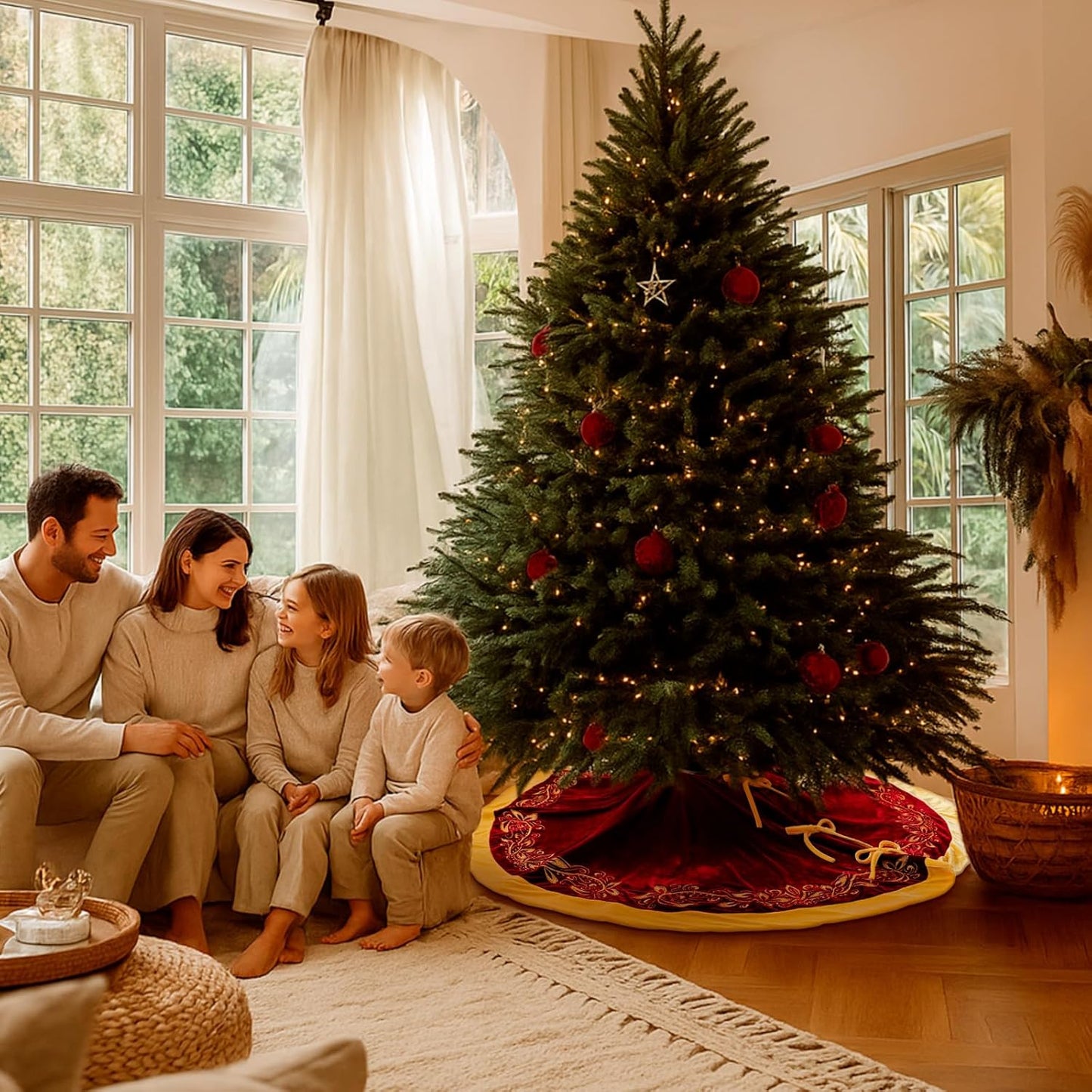 Luxury Velvet Christmas Tree Skirt 48 Inch Gold Victoria Embroidery Vintage Sparking Holly Tree Skirt for Holiday Party Rustic Xmas Decorations Home(Burgundy)