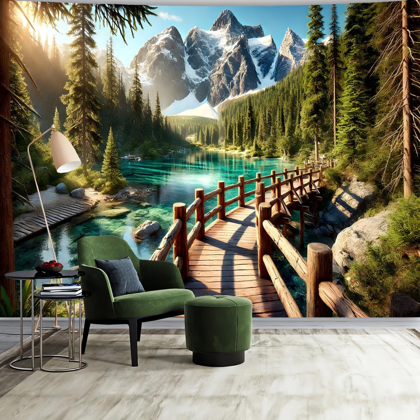 BSFHH Nature Tapestry Forest Tree Sea Cave Wall Hanging, Stream Through Rainforest Landscape Wall Art Tapestry for Bedroom Living room (Snow Scene, 110" × 87", Unframed)