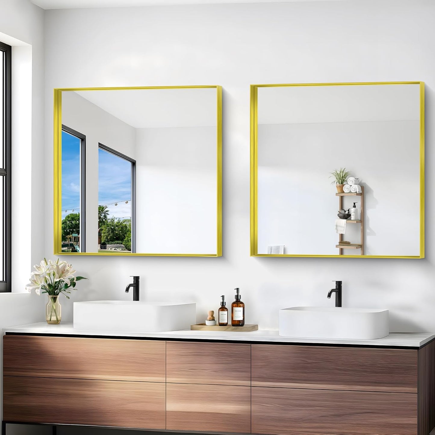 Gold Bathroom Mirror, 30x30 Inch Rectangular Framed Mirror, Large Wall Mounted Bathroom Vanity Mirror Over Sink for Bedroom,Restroom, Living Room, Hangs Vertically or Horizontally