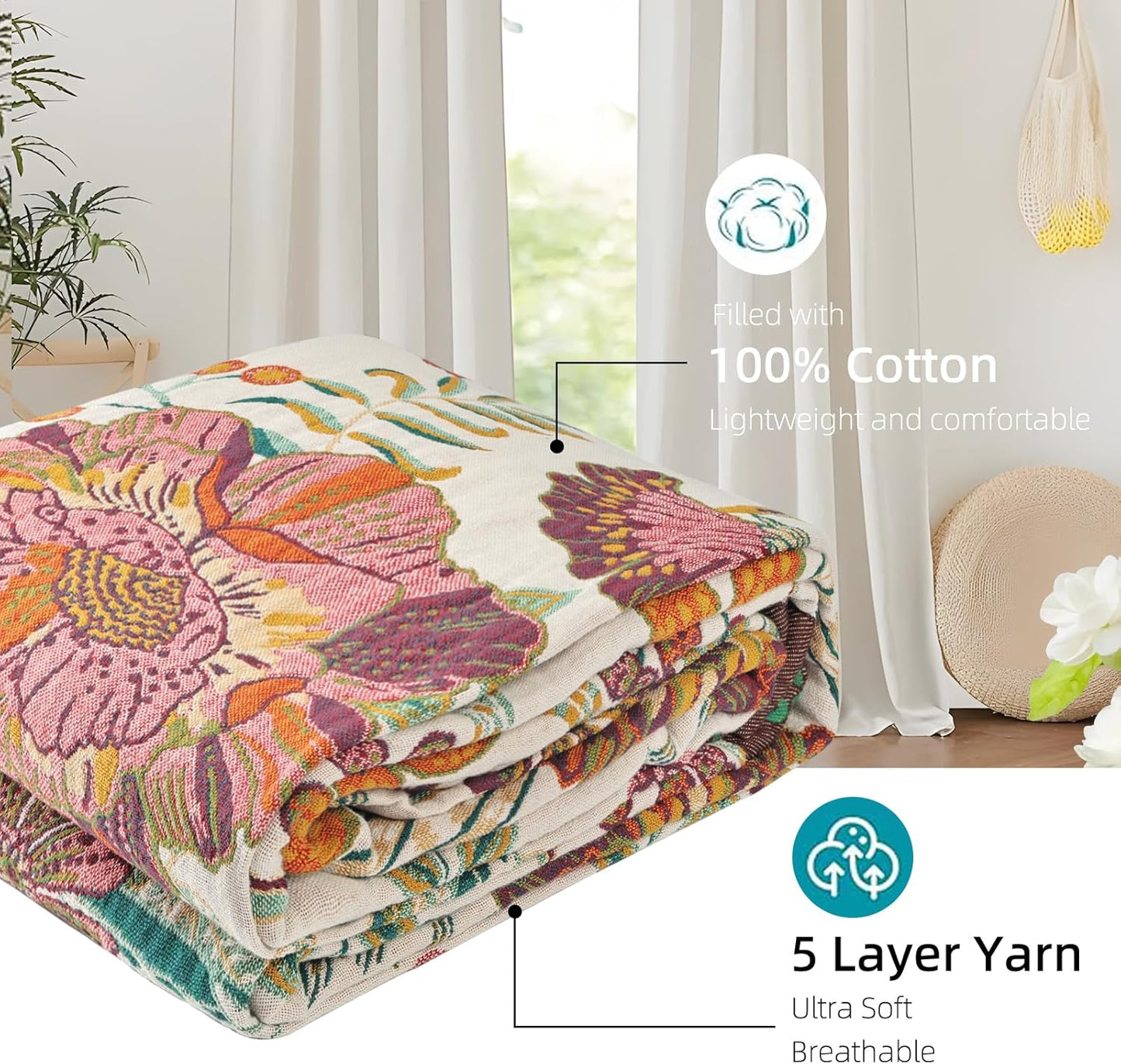 Boho Throw Blanket for Bed - 100% Pure Cotton Ultra Soft Rustic Quilt - Farmhouse Decor Bed Blankets, All Season Rustic Throw for Sofa Couch Chair(60"×80", Floral Blossom)