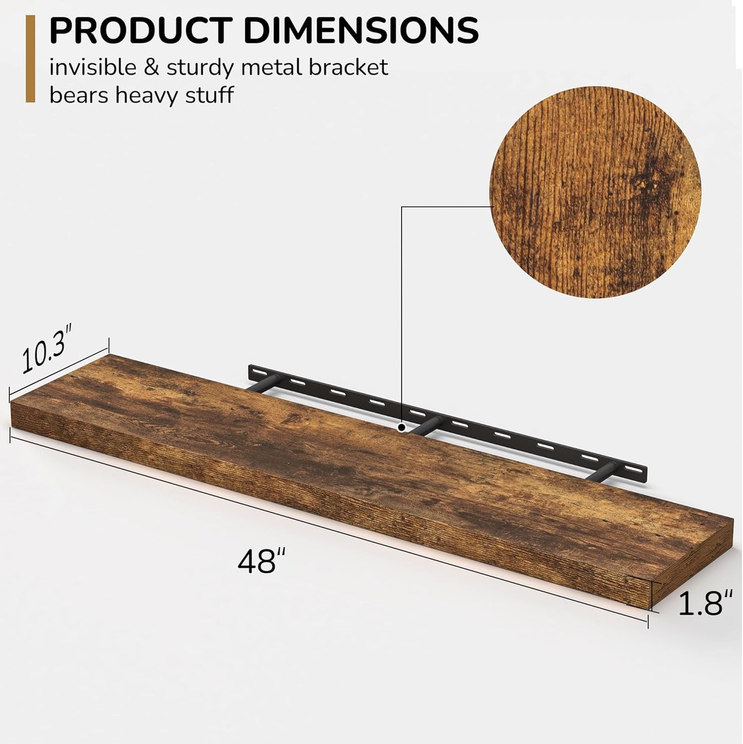 Floating Shelves - 10.23 Inch Deep Wall Shelf for Decor & Storage - Wall Mounted Display Shelving with Invisible Heavy-Duty Metal Bracket - 48" W x 10.23" D x 1.8" H - Set of 1 - Rustic Brown