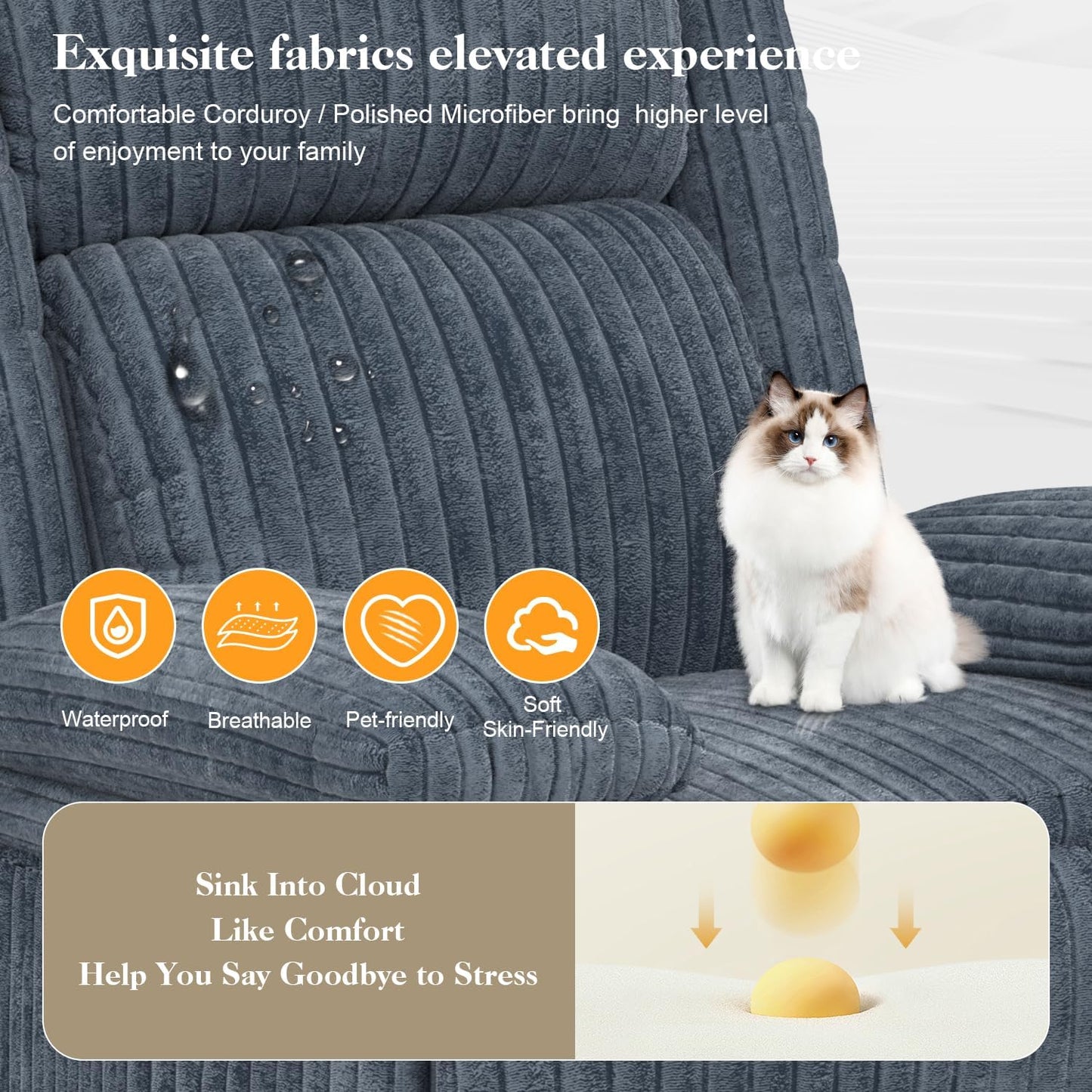 Recliner Chair for Adults, Oversized Manual Pull Tab Reclining Chair, 2-Tier Cushions, Minimalist Style Single Sofa for Living Room, RV (Corduroy)