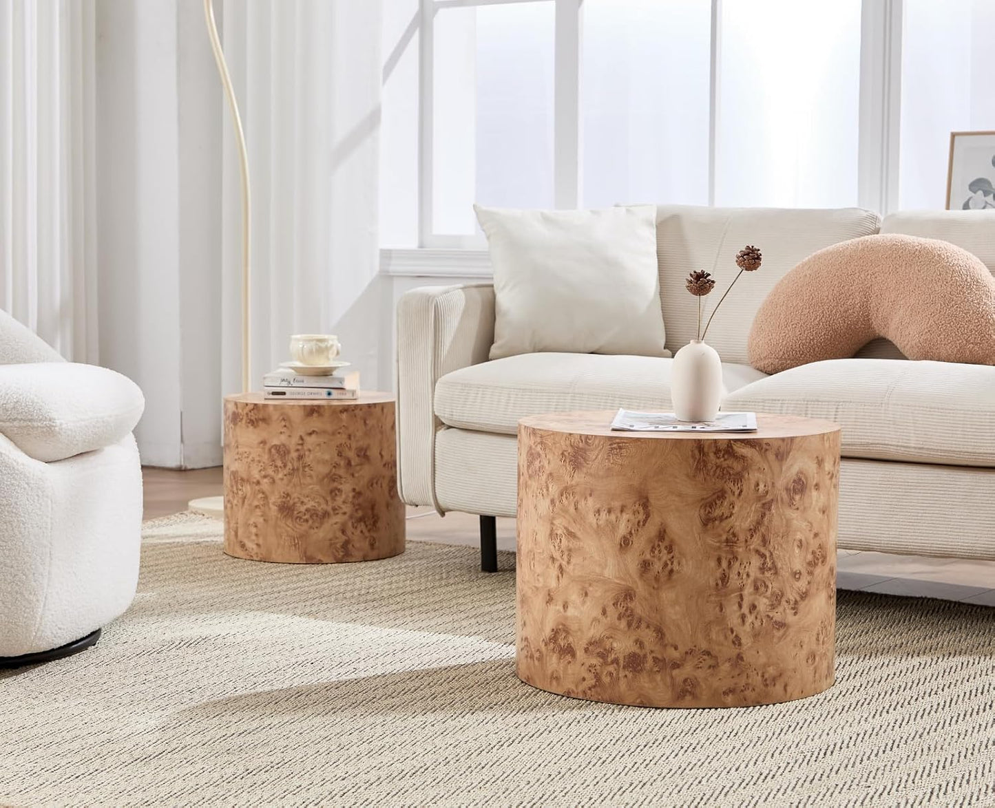 EALSON Nesting Coffee Tables Set of 2 Farmhouse Small Round End Tables Modern Wood Circle Side Table Drum Table for Living Room Small Spaces Bedroom Balcony, No Assembly, Natural Burl