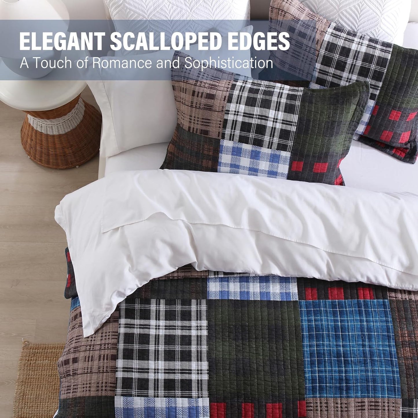 NEWLAKE Quilt Set Queen Size, Cotton Patchwork Blue Black Checkered Patterns Quilt Sets, Reversible Bedspread Lightweight and Breathable for All Seasons, Soft Quilted Bedspread with 2 Pillow Shams