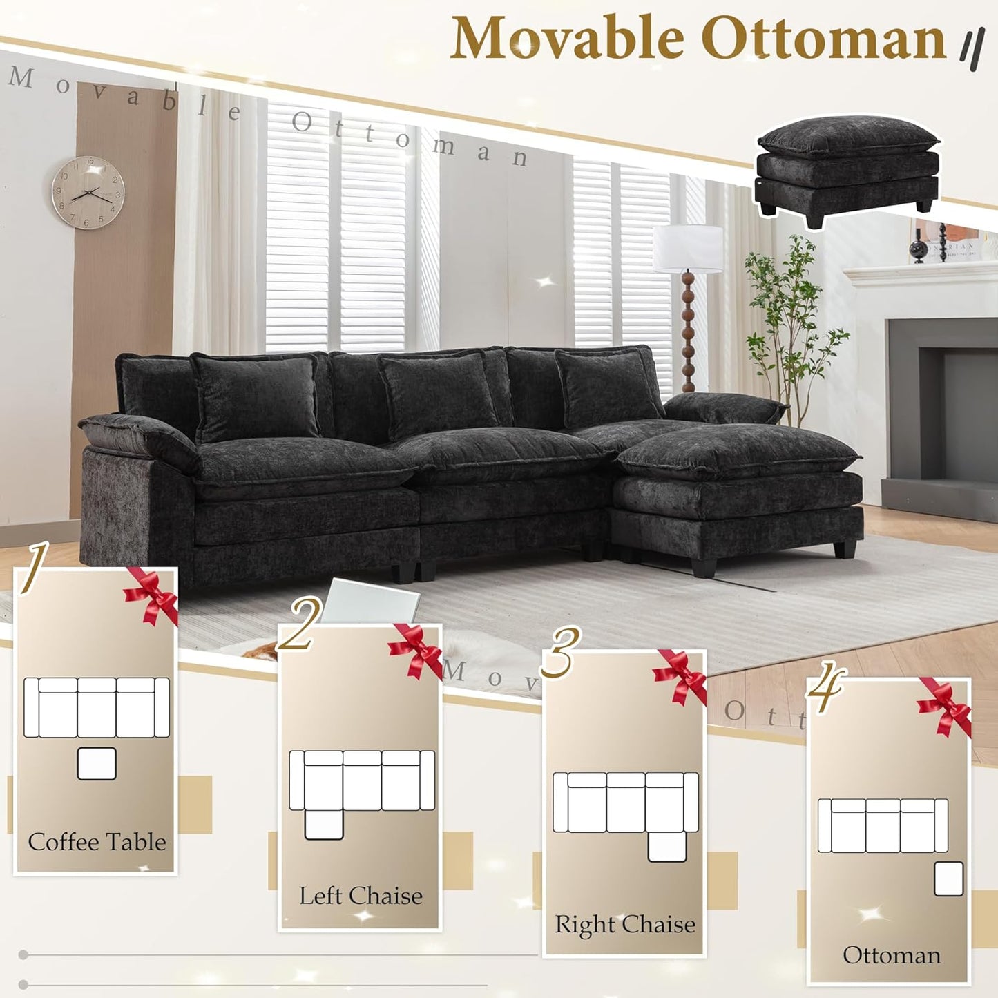 URRED Modular Sectional Sofa Comfy Cloud Couch, Modern Chenille Sofa Sleeper Deep Seat Couches with Ottoman/Pillows for Living Room (Black, 117''- L Shape)