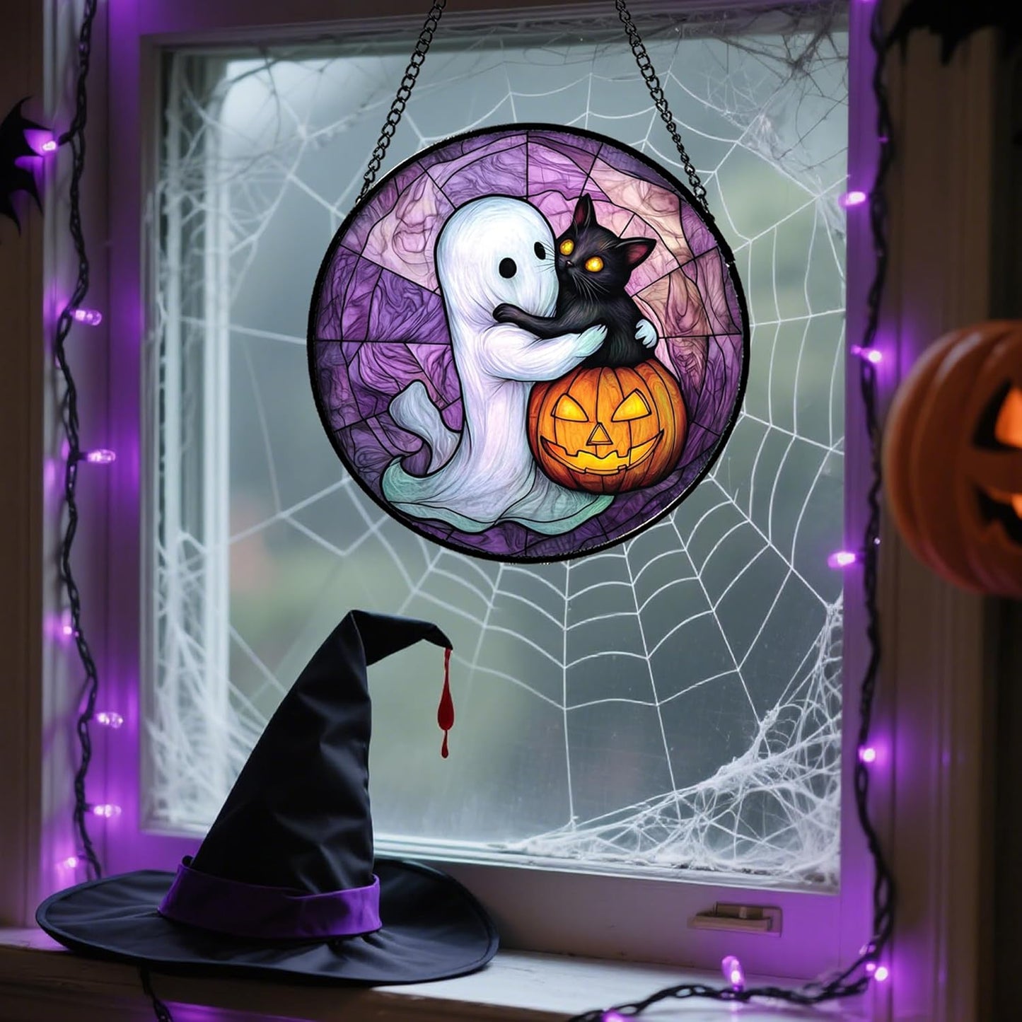 Stained Glass Window Hanging - Halloween Decorations Ghost Black Cat Pumpkin Suncatcher for Door Garden Spooky Purple Sun Catchers Gothic Decor Horror Gifts for Women Men Friend Boy 7.8 in