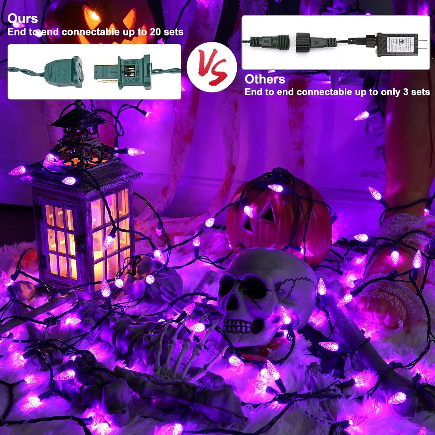 Brizled Purple Halloween Lights, 33ft 100 LED Faceted C5 Halloween String Lights, 120V UL Certified Purple Light Set Connectable Mini Light for Indoor & Outdoor Tree Xmas Party Decorations