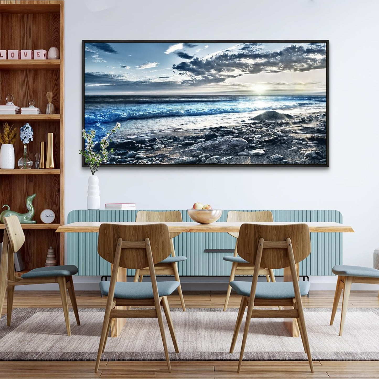 Wapluam Large Canvas Prints Wall Art For Living Room Wall Decorations For Bedroom Office Wall Decor Scenery Wall Painting Blue Sea Pictures Artwork For Fashion Black Framed Beach Posters Home Decor