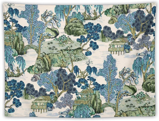 Chinoiserie Tapestry,Asian Watercolor Abstract Art Tapestry,Asian Japanese Wall Tapestry, Nature Landscape Tapestries for Bedroom Living Room Decor 60"x50"
