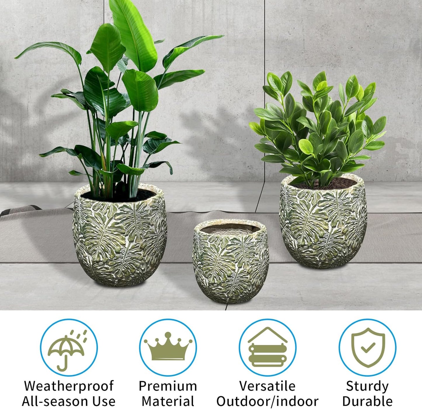 Craft flowerpots 18"+13"+19" Dia Round Concrete Planter Set of 3 Large Outdoor/Indoor Planter Pots Containers with Drainage Holes and Rubber Plug for Home Garden (Green, Large)