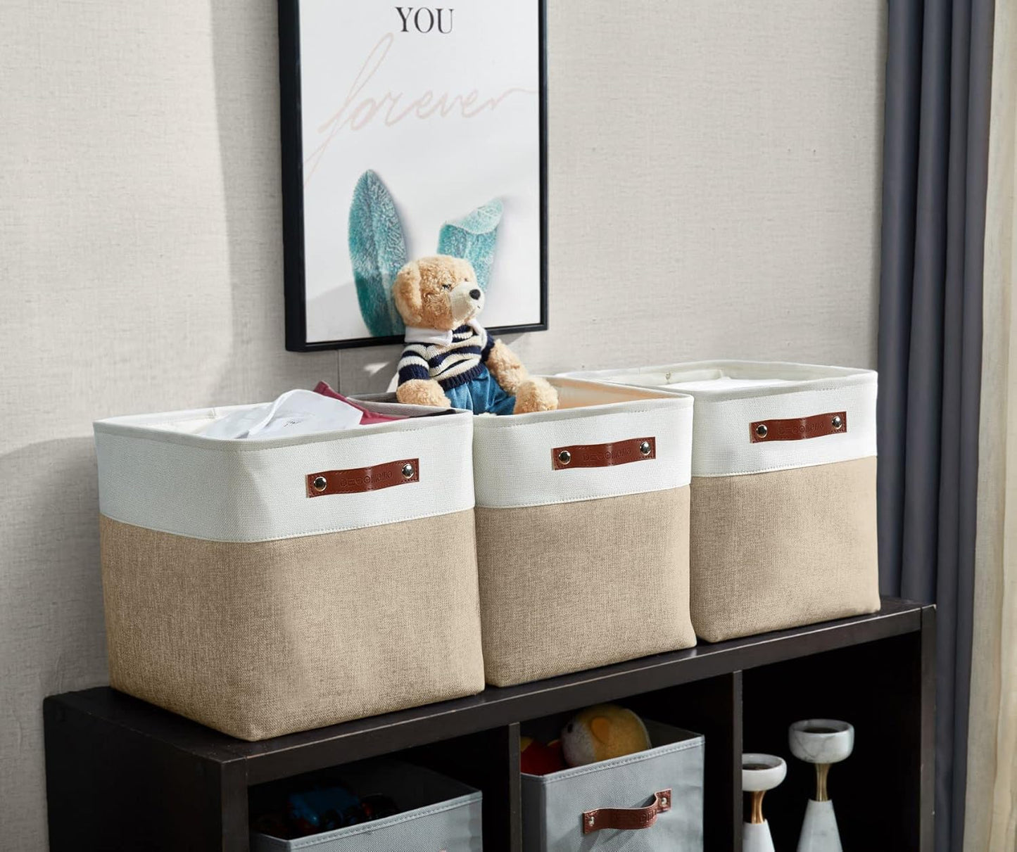 DECOMOMO Storage Cubes, 11x11 Cube Storage Bins, Baskets for Shelves (Beige & White, Cube 11" - 4 Pack)