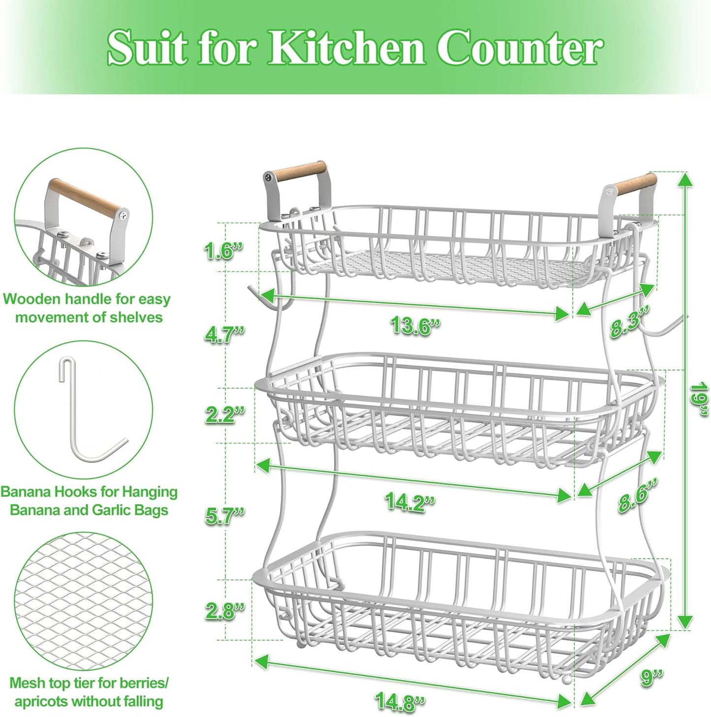 3 Tier Fruit Basket with 2 Banana Hooks, Large Capacity Multifunctional Detachable Sturdy Fruit Bowl with Wooden Handle Mesh Top for Kitchen Counter, for Bread Snacks Vegetables Produce, White