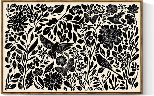 VIYYIEA Framed Canvas Wall Art, Black and White Large Wall Art for Living Room, Print Paintings, Boho Home Office Decor, Bedroom Wall Decor -【Flowers & Birds】-(24"x36")
