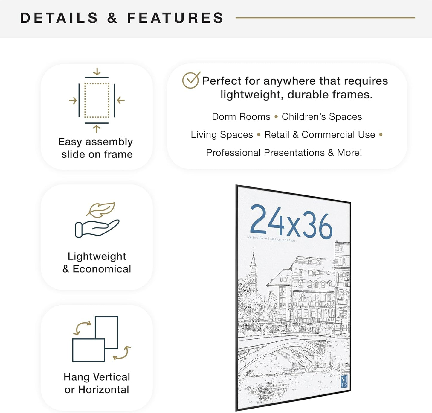 MCS Original Poster Frame 24x36 Black Lightweight Vertical & Horizontal Wall Hanging Large Picture Frame for Posters, Art Prints & Gallery Wall (2-Pack)