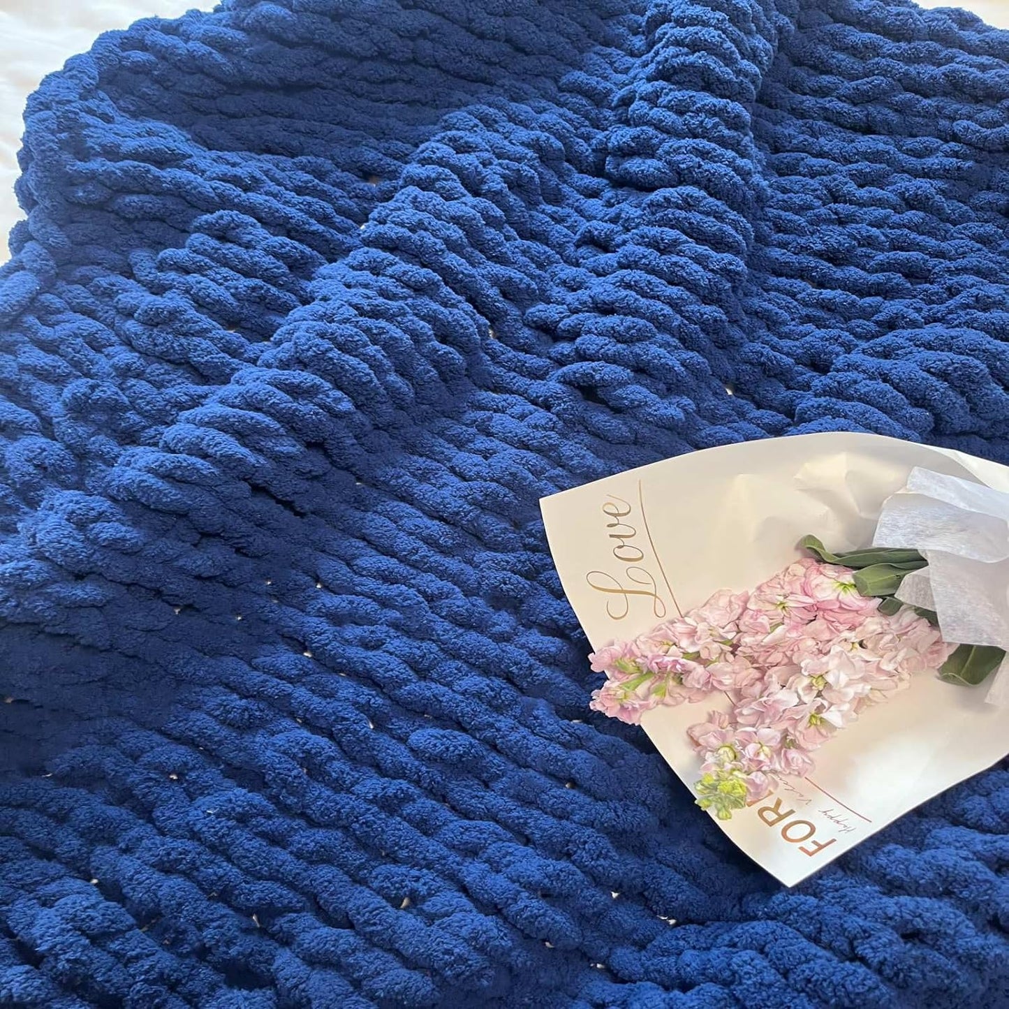 Chunky Knit Blanket Throw 40"x40", Chenille Throw Blankets, Handmade Warm & Cozy Blanket Couch Bed Home Decor, Soft Breathable Fleece Banket, Christmas for Couch Bed Sofa Best Gift (Navy Blue)