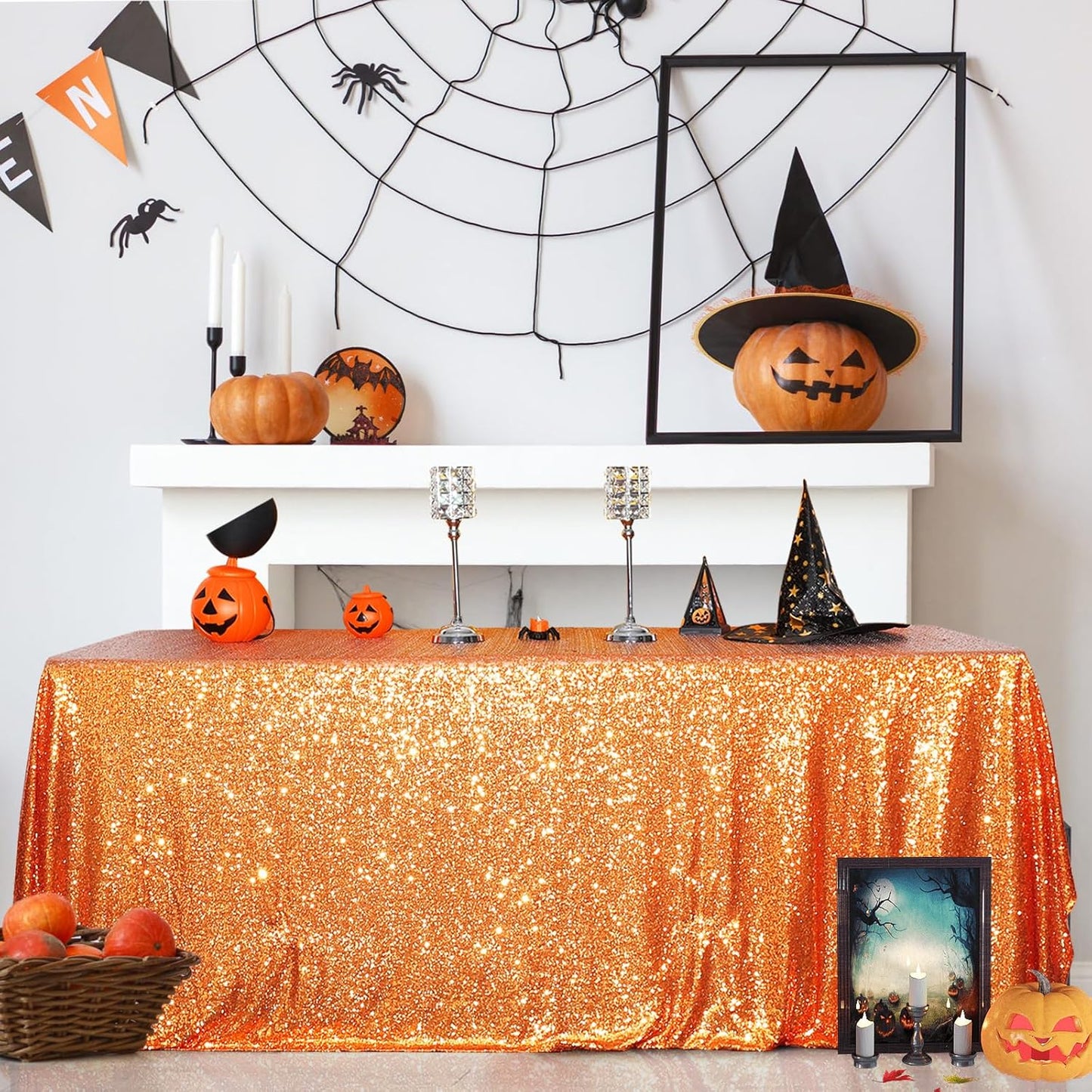 SquarePie Sequin Tablecloth 50 x 72 Inch Orange Sparkly Table Cloth for Halloween Thanksgiving Party Decoration