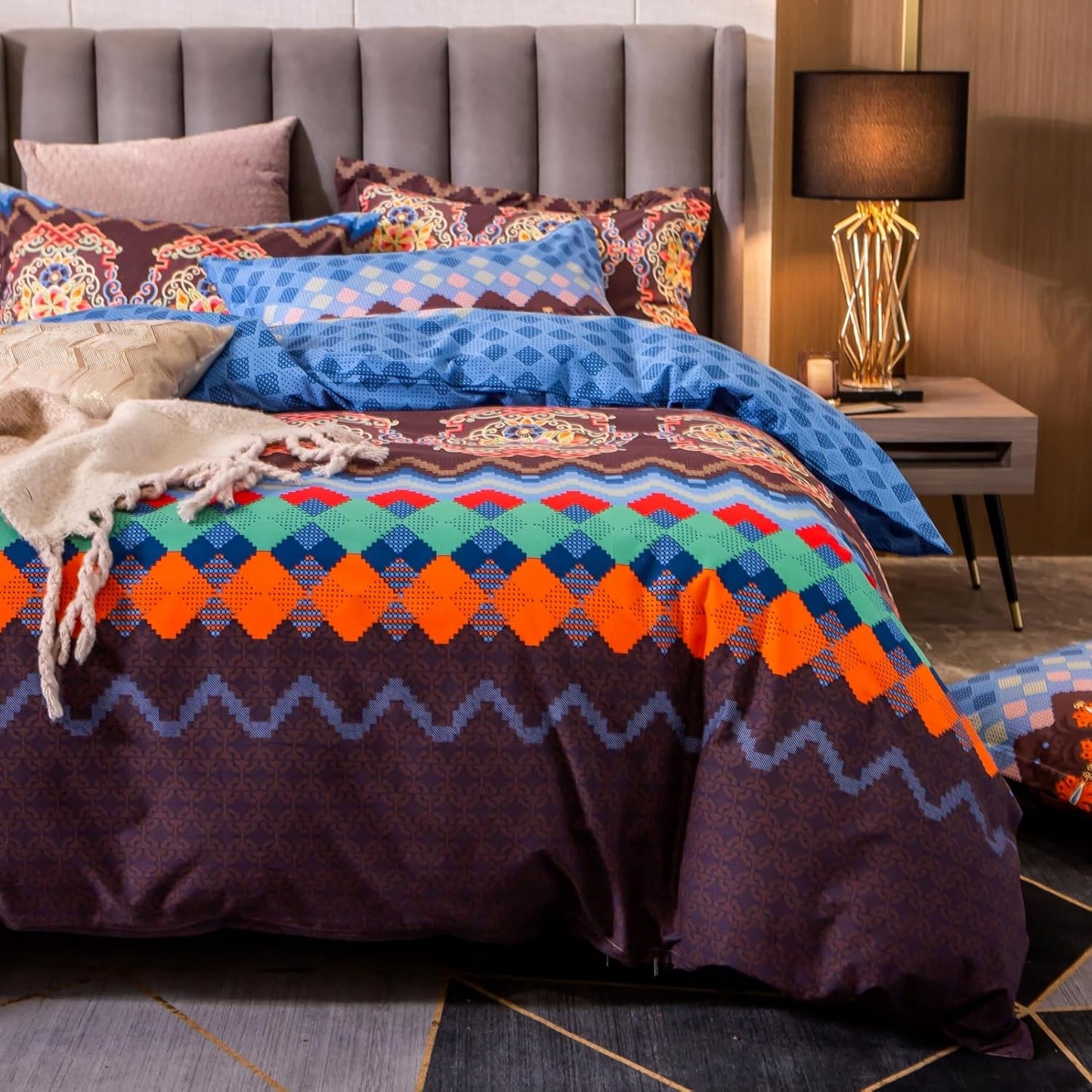 ABREEZE Bohemian Duvet Cover Set Colorful Brown Boho Retro Bedding Set Damask Paisley Cotton Duvet Cover Tribal Reversible Bedding Exotic Style Comforter Cover 3-Piece Queen
