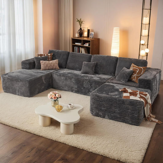HOOOWOOO Cloud Sectional Couches for Living Room,Modular Sectional Sofa No Assembly,133X70 Inch Plush Corduroy Large U Shaped Floor Couch Set with Deep Seat Chaise Ottoman(Gray)