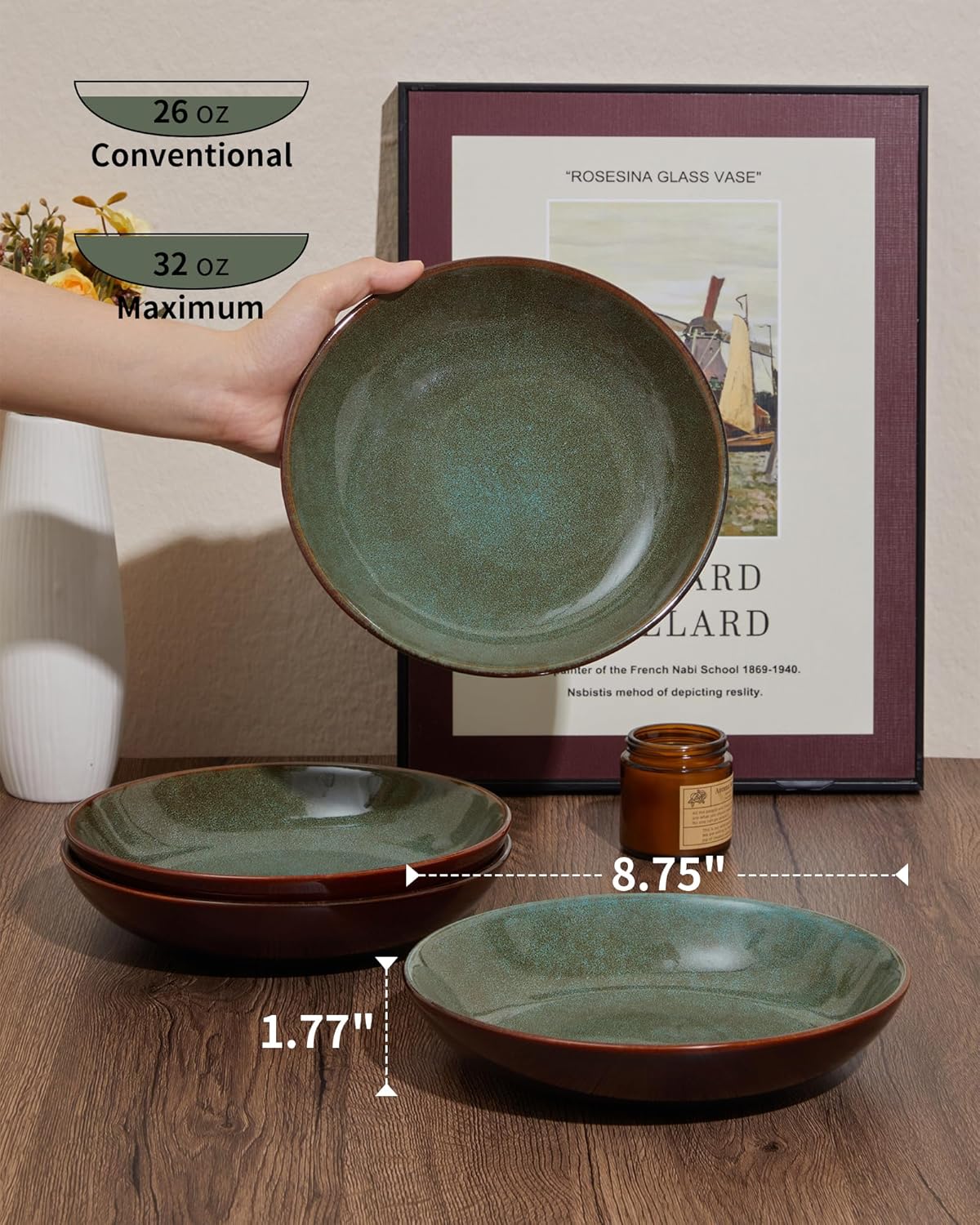 12 Piece Dinnerware Sets with Pasta Bowls, Stain Resistant Dish Set, Easy Cleaning Dishes, Multi-Functional Plate and Bowl Set, Stack Compactly Plates, Service for 4 Sage Green