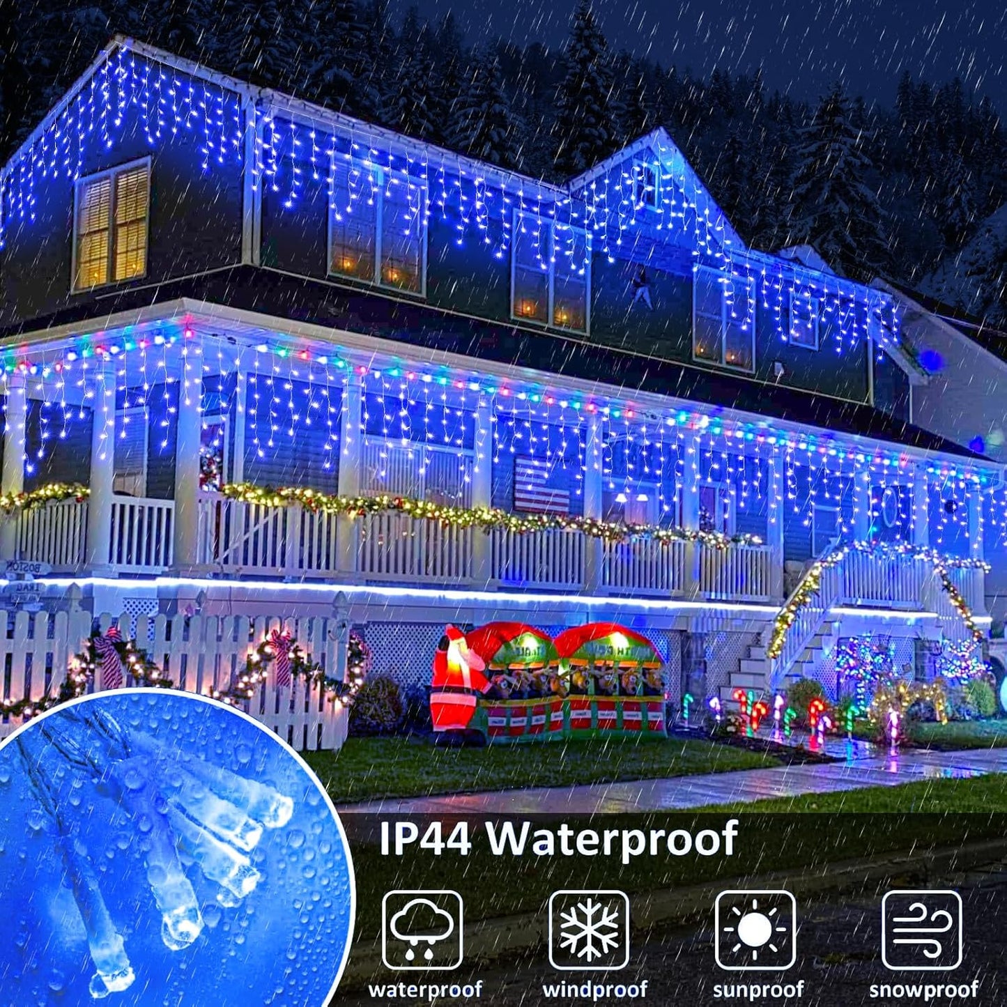 Icicle Lights for Outside, 66FT 640 LED Christmas Icicle Lights Outdoor Indoor with Waterproof 8 Modes, Plug in Curtain String Light for House Patio Roof Garden Party Wedding Decorations, Blue