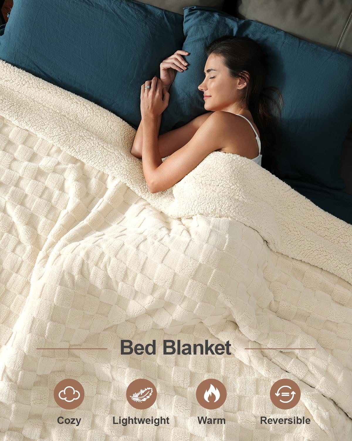 Pawque Super Soft Cozy Throw Blanket King Size for Couch Bed, Fluffy Sherpa Fleece Reversible Thick Warm Fuzzy Blanket for All-Season, 3D Checkered Jacquard Decorative Blankets, Cream White, 108"x90"