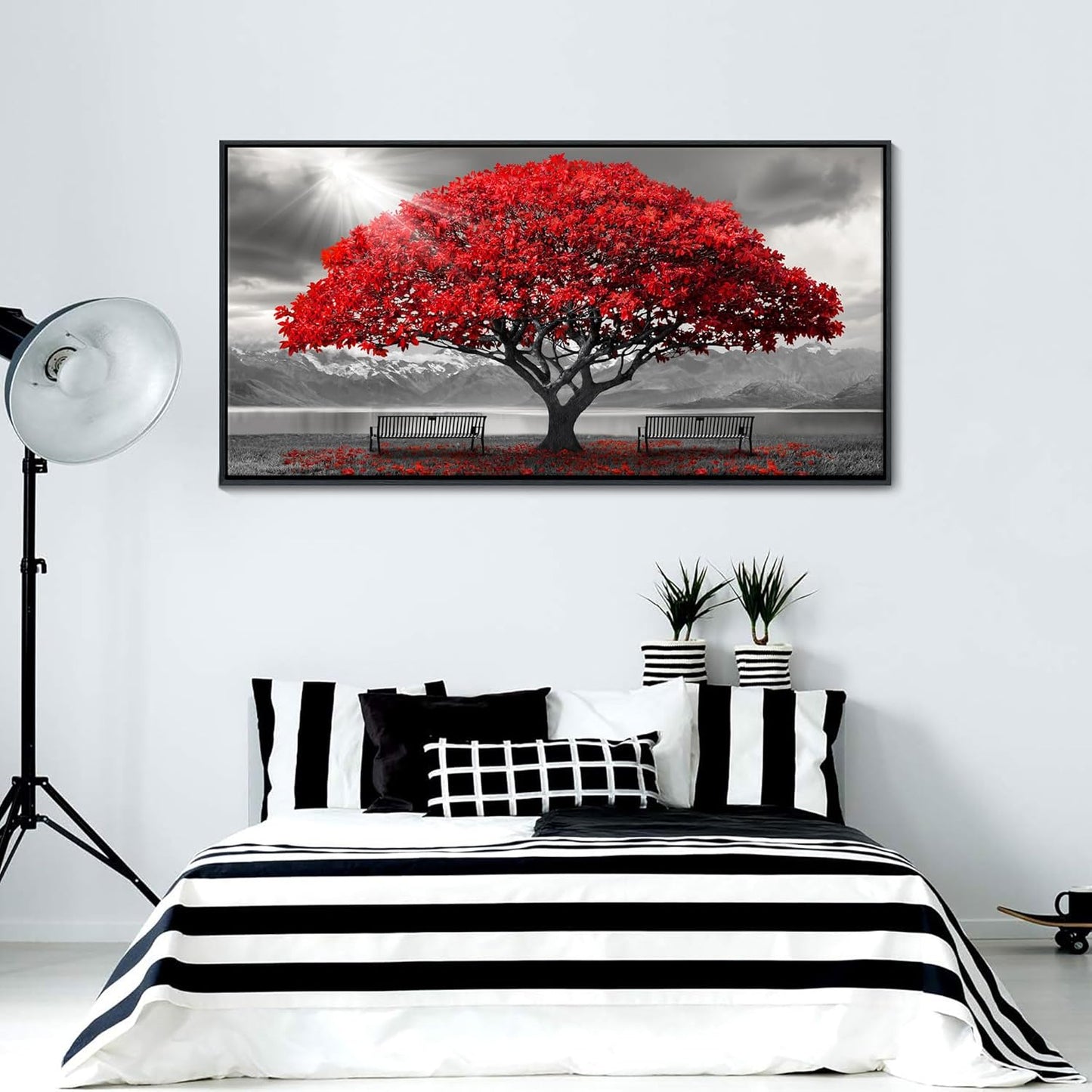 AJAZIKO Red Wall Art - Modern Framed Wall Art for Living Room - Red Tree Black and White Landscape Canvas Prints Posters & Prints for Home Office Bedroom Decorations - Large Wall Pictures 24×48IN