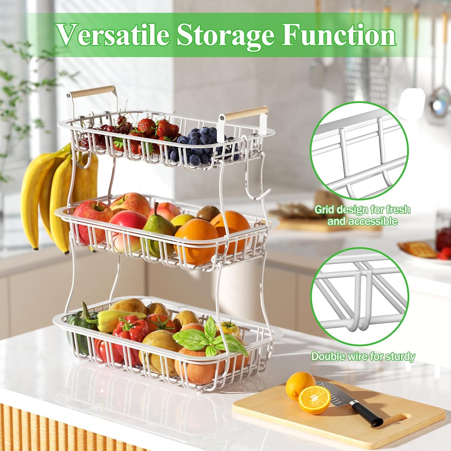 3 Tier Fruit Basket with 2 Banana Hooks, Large Capacity Multifunctional Detachable Sturdy Fruit Bowl with Wooden Handle Mesh Top for Kitchen Counter, for Bread Snacks Vegetables Produce, White