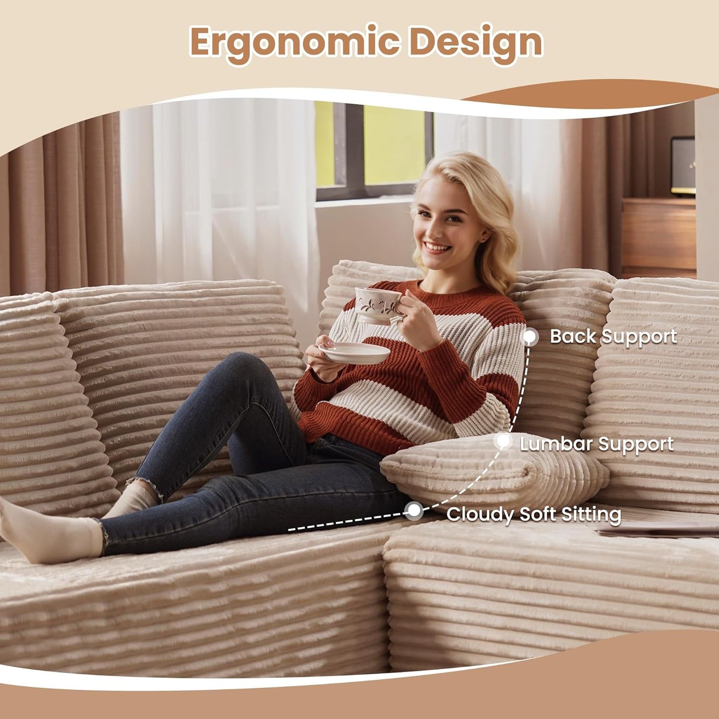 HOOOWOOO Cloud Sectional Couches for Living Room,Modular Sectional Sofa No Assembly,133X70 Inch Plush Corduroy Large U Shaped Floor Couch Set with Deep Seat Chaise Ottoman(Beige)