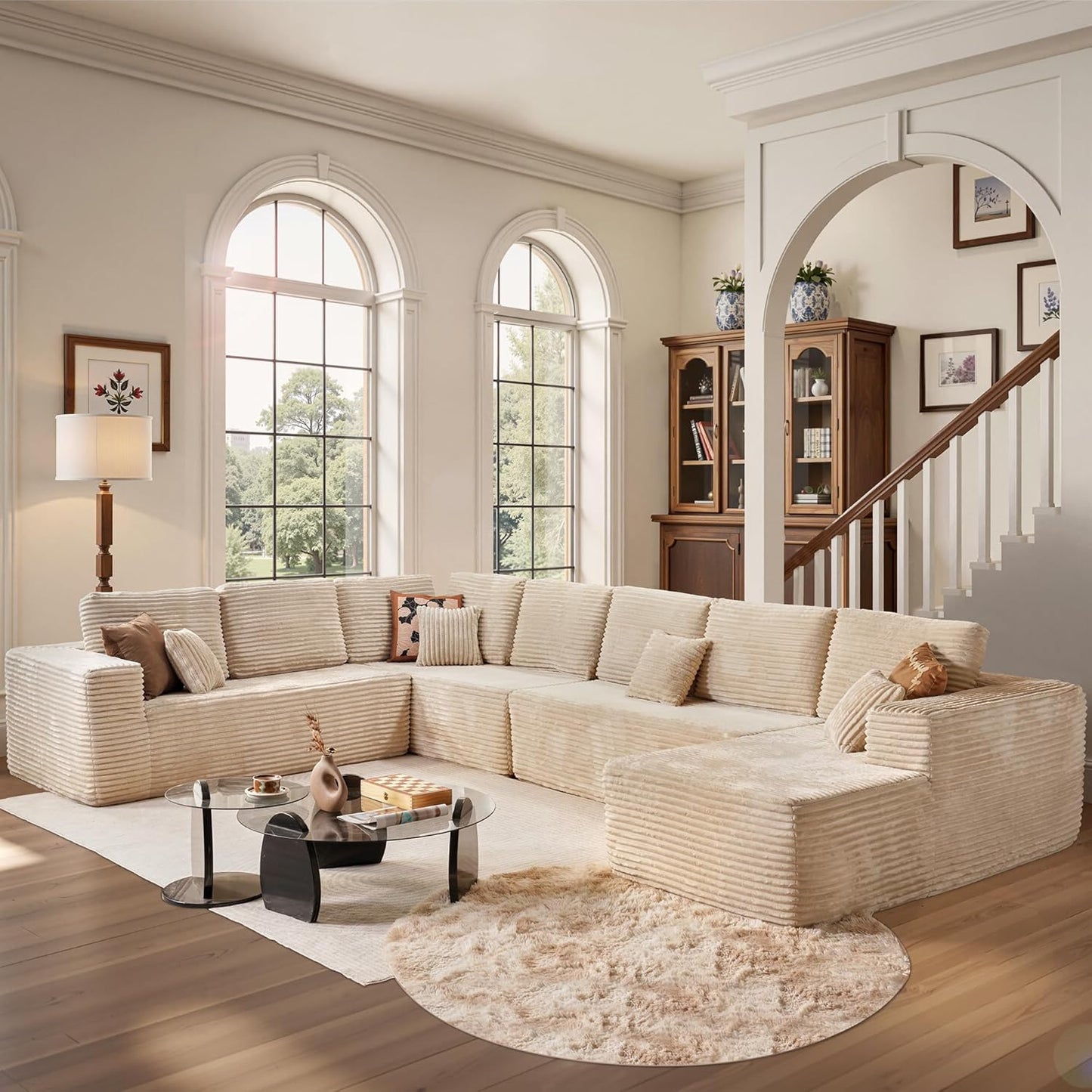 Cloud Sectional Couches for Living Room,U Shaped Modular Sofas No Assembly,165x107 Inches Plush Corduroy Oversized Floor Couch Set with Deep Seat Chaise,Beige