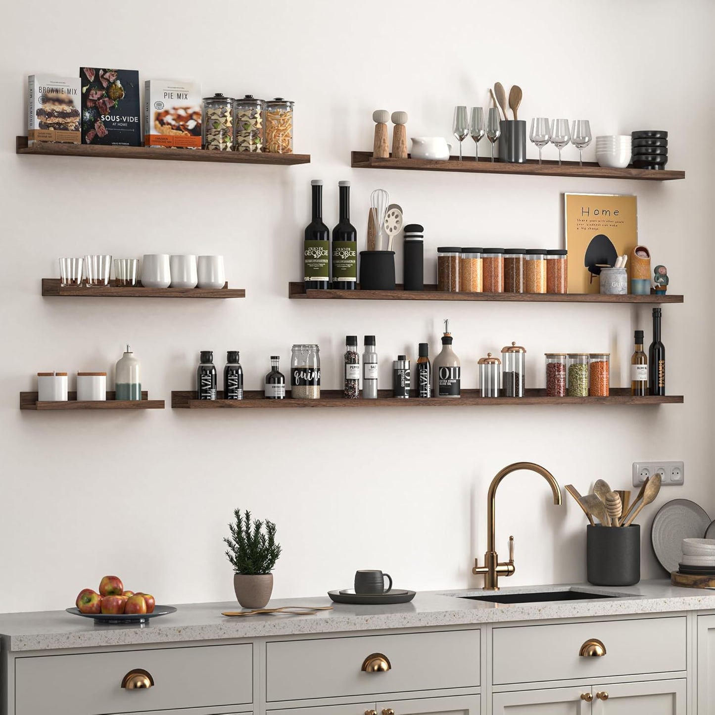 Heimlove Picture Ledge Shelf, Small Floating Shelves Set of 2, 16 Inches Picture Shelf for Wall with Ledge, Kids Bookshelf Wall Mounted for Living Room Bedroom Decor Books Photo Frames, Walnut