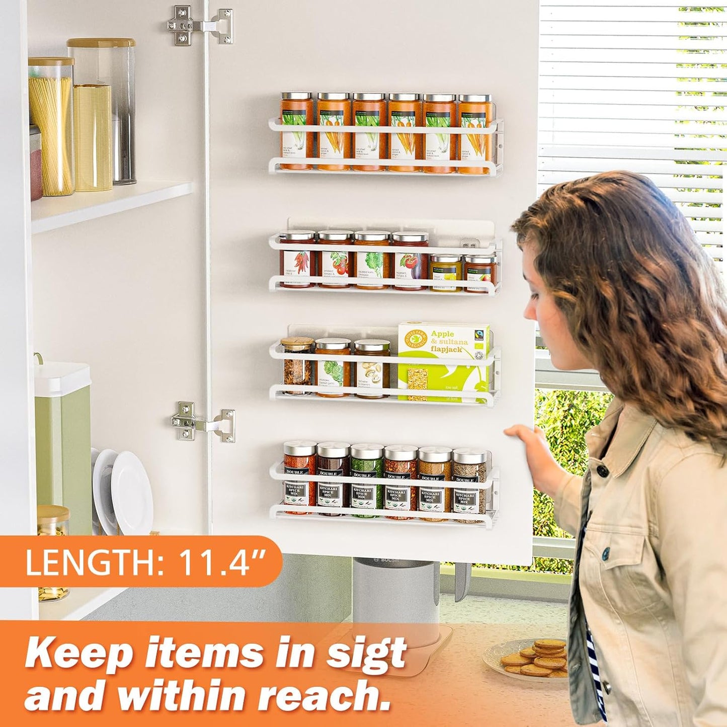 Spice Rack wall mounted 4 Pack, Space-Saving Spice Organizer for Spice Jars and Seasonings,Screw or Adhesive Hanging Spice Rack Organizer for Your Kitchen Cabinet,or Pantry Door,White