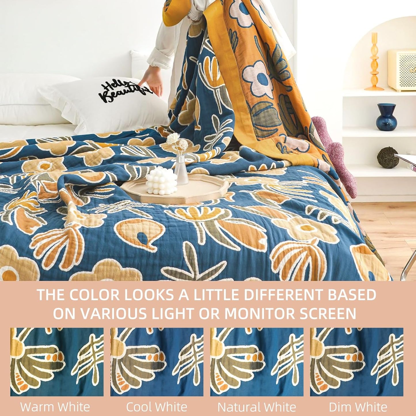 Boho Throw Blanket for Bed - 100% Pure Cotton Ultra Soft Rustic Quilt - Farmhouse Decor Bed Blankets, All Season Rustic Throw for Sofa Couch Chair(60"×80", Floral)