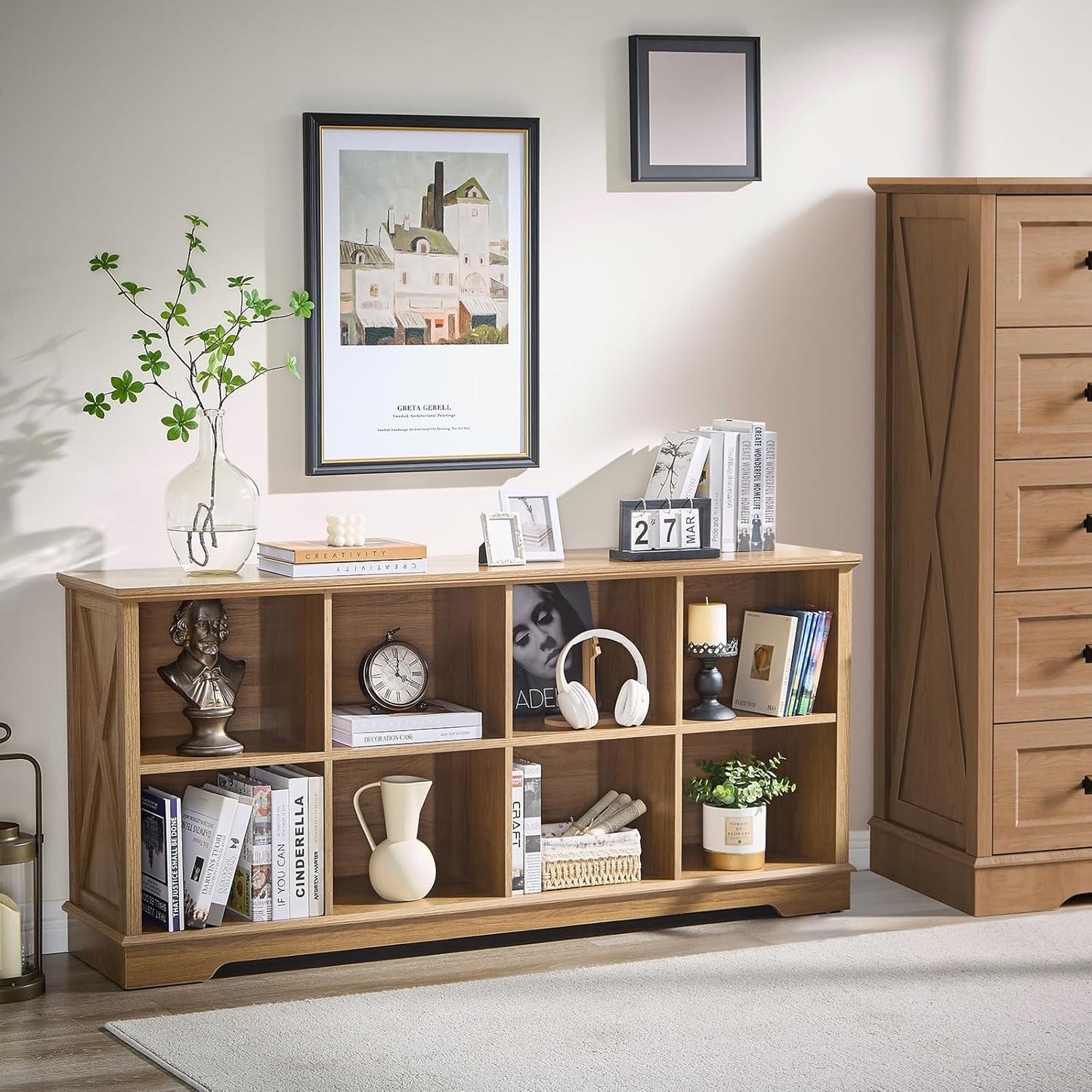 Farmhouse 8 Cube Bookshelf, Storage Organizer Bookcase, Kids Toy Storage Cabinet, Long Bookshelves Storage Organizer Shelf, Wood Display Cabinet Book Shelves for Bedroom,Living Room, Natural Oak