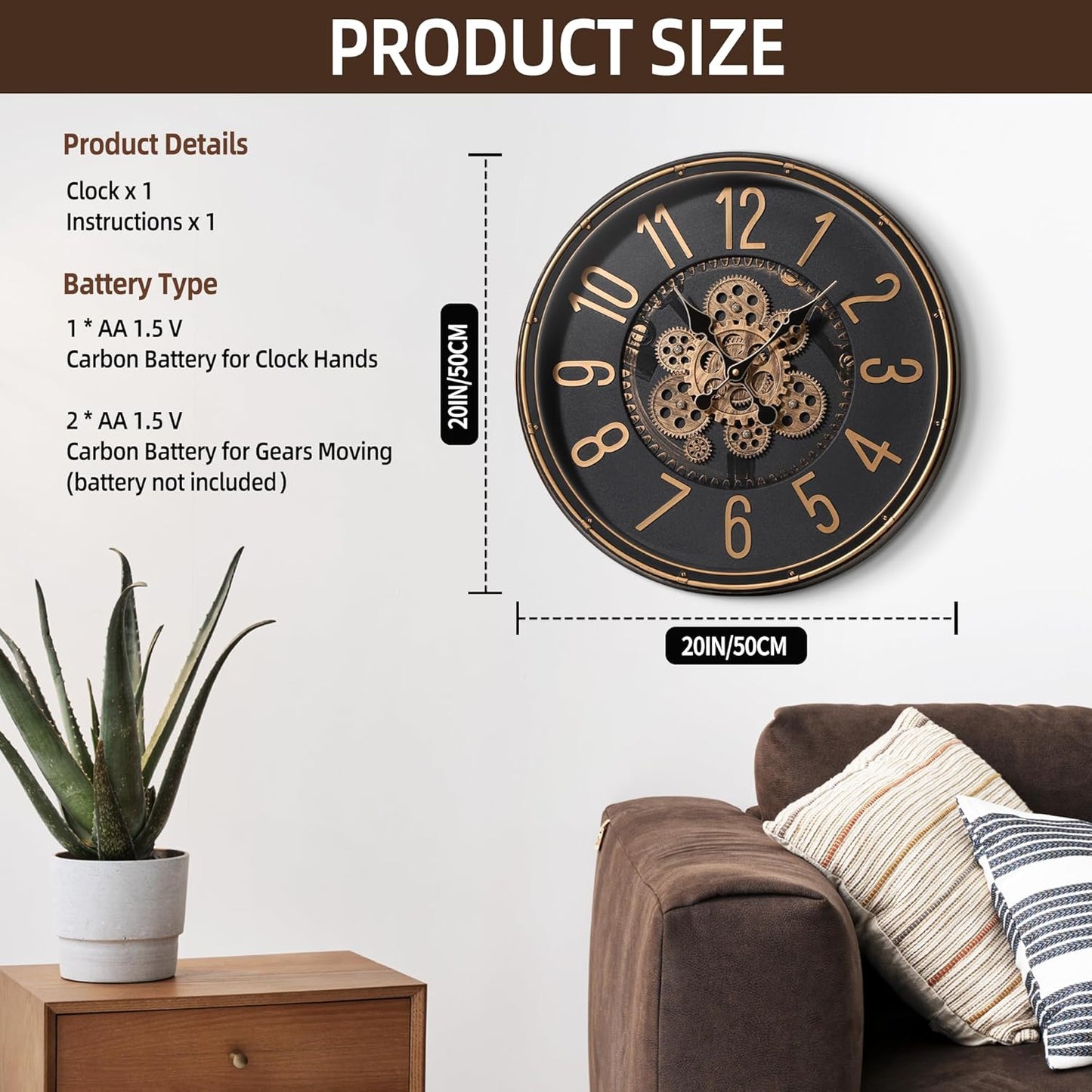 Maxstar Large Moving Gear Wall Clock,20" Vintage Mechanical Battery Operated Industrial Wall Clocks for Farmhouse Living Room,Home Office, Dinning Room, Kitchen, Steampunk Decor-Gold,Arab Numeral