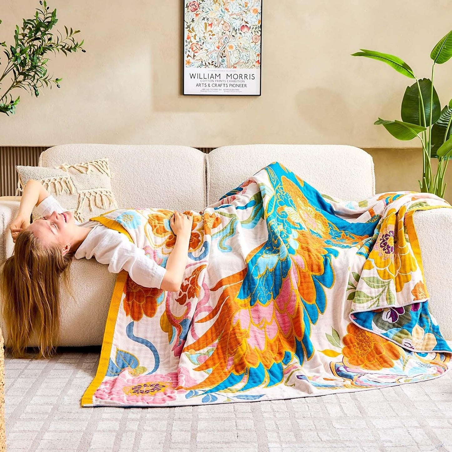 Boho Throw Blanket, Lightweight Blankets for Summer, 100% Cotton Bohemian Decorative Throw Blanket, 80"x90" Reversible Muslin Breathable Woven Farmhouse Blankets Quilt,