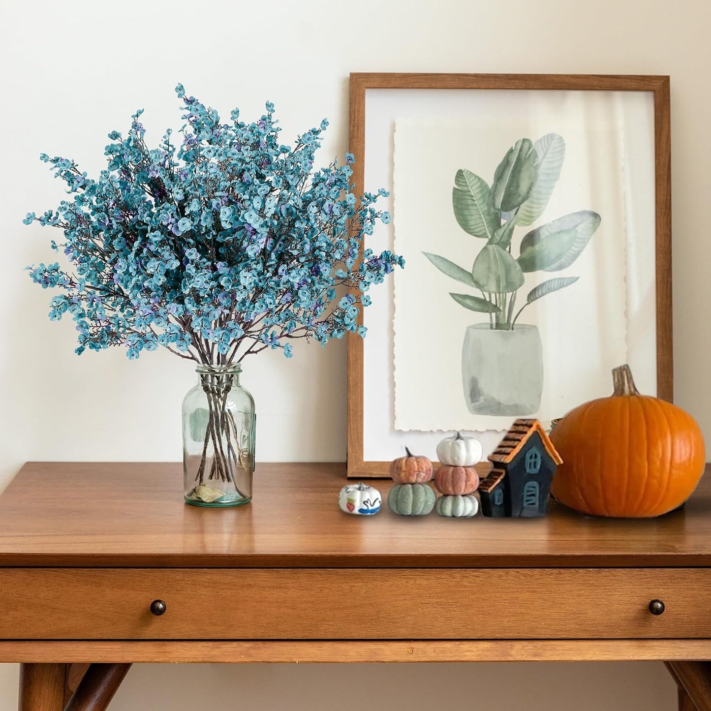 Sggvecsy 15 Pcs Babys Breath Artificial Flowers Gypsophila Bouquets Bulk Real Touch Fake Silk Flowers for Home DIY Floral Arrangement Table Centerpiece Fall Thanksgiving Autumn Decoration (Fall Blue)