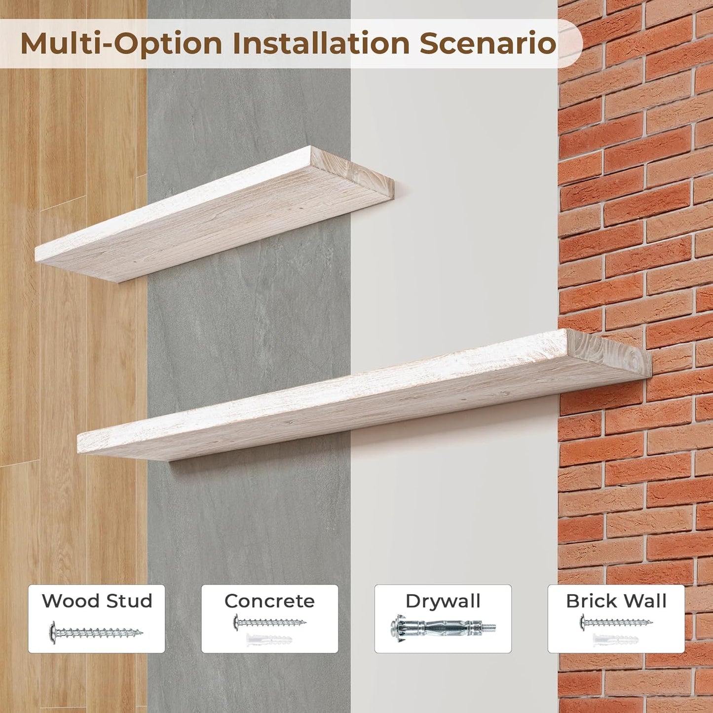 Axeman Floating Shelves for Wall - 32''W x 8'' D Rustic Solid Elm Wood Shelves for Storage, Wall Mounted Display Shelving with Invisible Heavy-Duty Metal Bracket (White Wash, 2PCs)