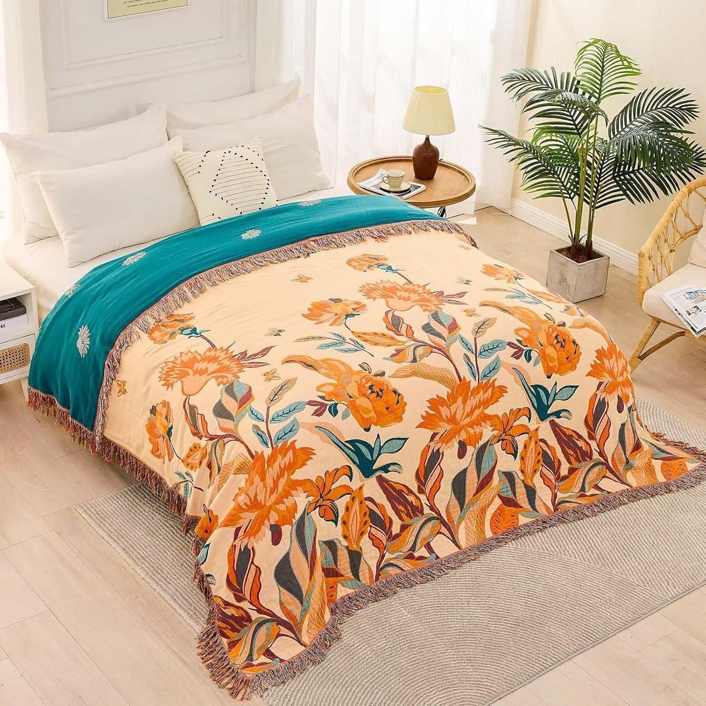 Boho Throw Blanket for Bed, 100% Cotton Soft Rustic Quilt Fall Blanket, 90"x98" Floral Printed Farmhouse Decor Bed Blankets, All Season Rustic Reversible Bohemian Throw Quilt