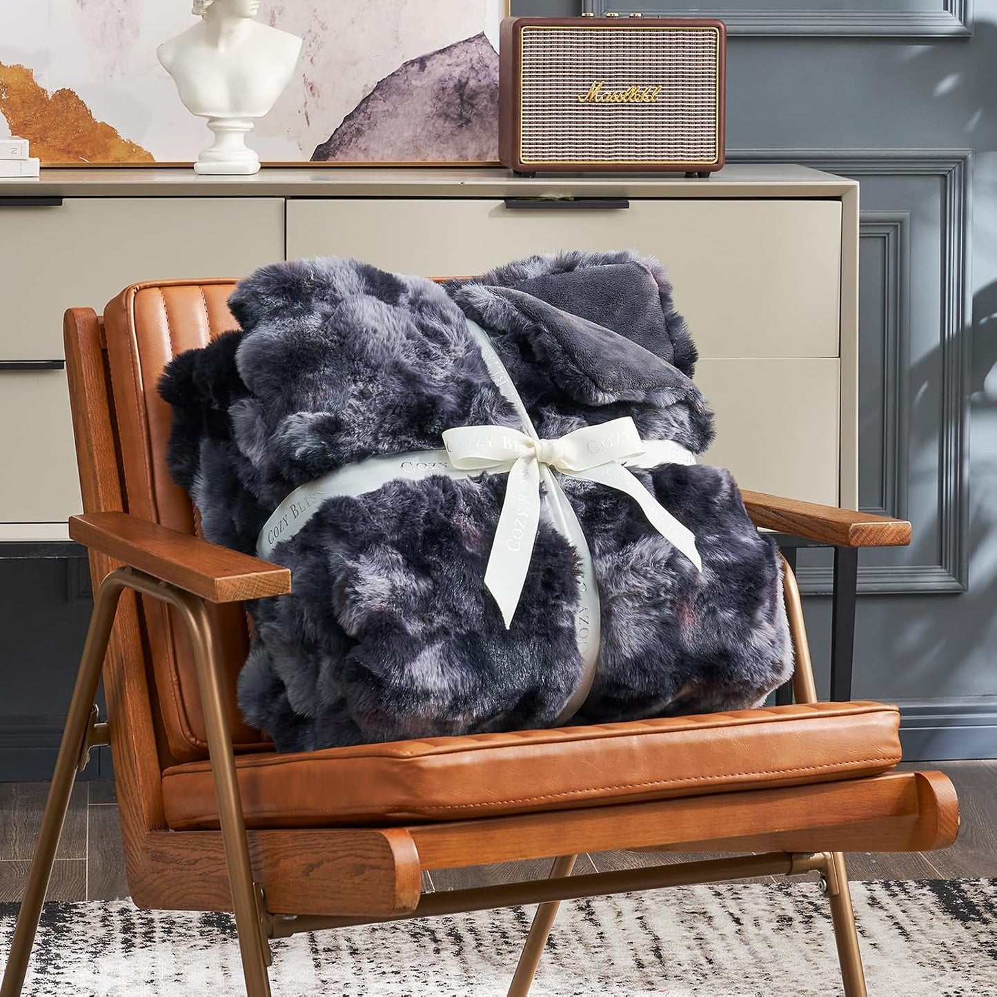 Cozy Bliss Faux Fur Throw Blanket for Couch, Fuzzy Soft Plush Thick Bubble Blanket for Sofa Bedroom Living Room, 90 * 90 Inches Tie Dye Black