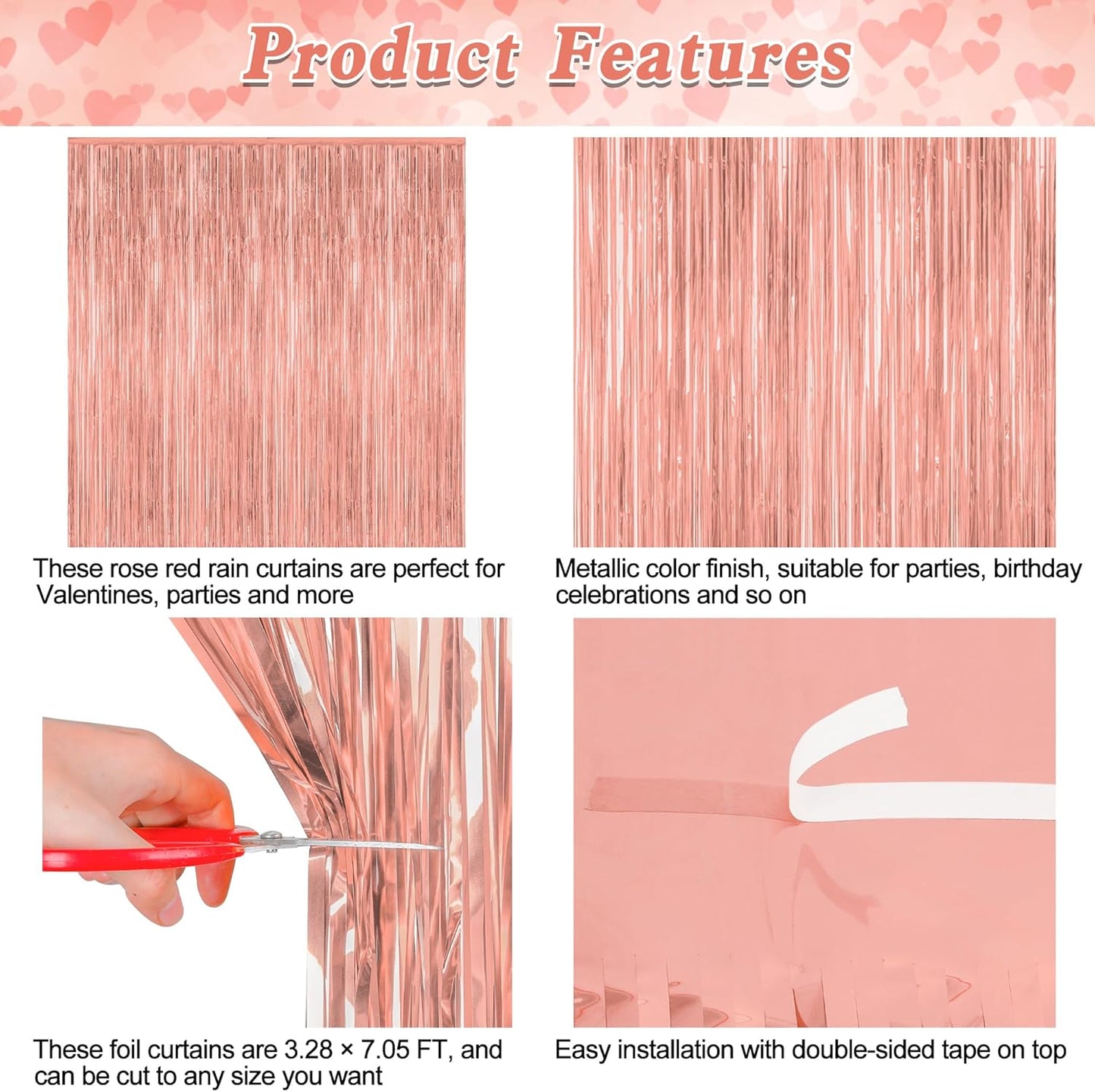 2 Pack Rose Gold Decorations, 3.28 FT x 7.05 FT Rose Gold Fringe Curtains, Metallic Photo Backdrop Tinsel Backdrop Foil Curtains, Metallic Party Supplies Wedding Decor