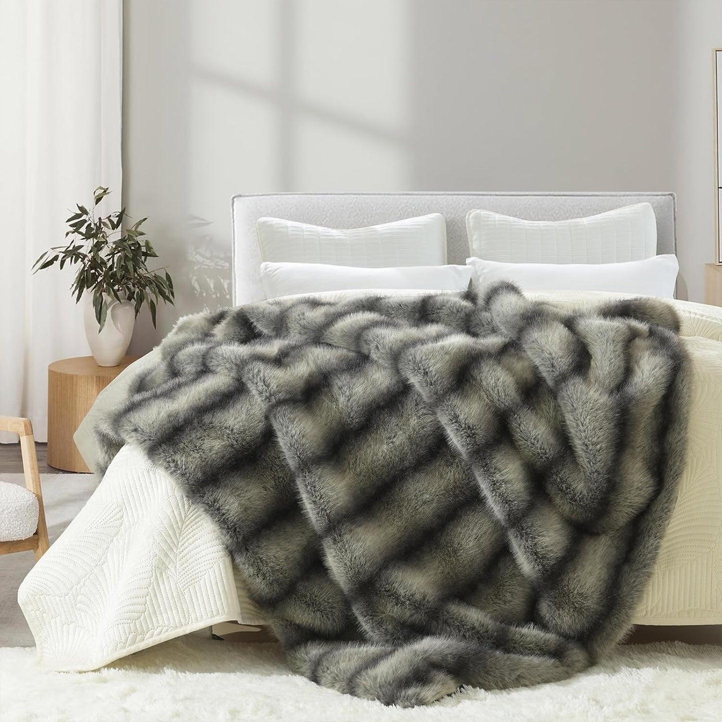 HORIMOTE HOME Luxury Faux Fur Throw Blanket, Non-Shedding 60"x80" Fur Blanket Throw, Ultra Soft Blankets for Bed, Couch and Sofa, Premium Soft, Thick Fluffy Throws, Gray Black Stripes