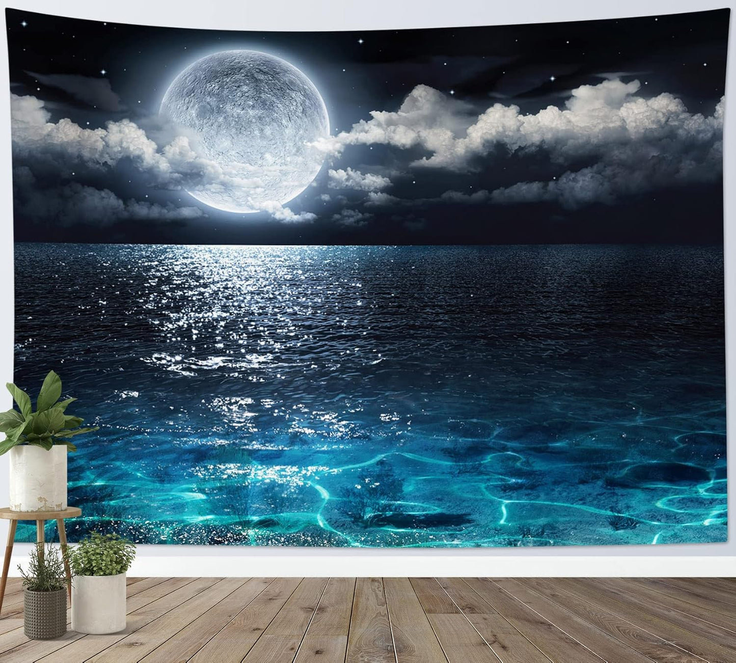 LB Blue Ocean Moon Tapestry White Cloud and Full Moon Over Ocean Tapestry Wall Hanging Fantasy Night Sky Wall Art for Bedroom Living Room Dorm Wall Decor,80 x 60 Inches