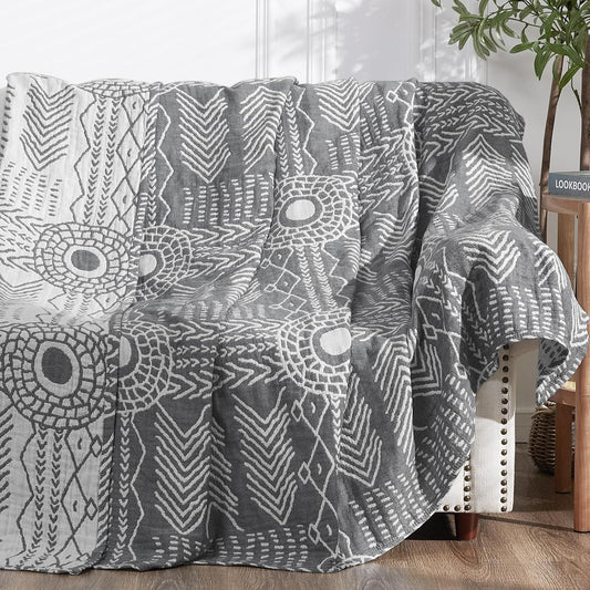 jinchan Boho 100% Cotton Muslin 50x60 Throw Blanket Lightweight 3 Layer Grey Blanket Washable Reversible Breathable Decorative Geometric Striped Patterned Gray Soft Cozy for Sofa Bed All Season Gift
