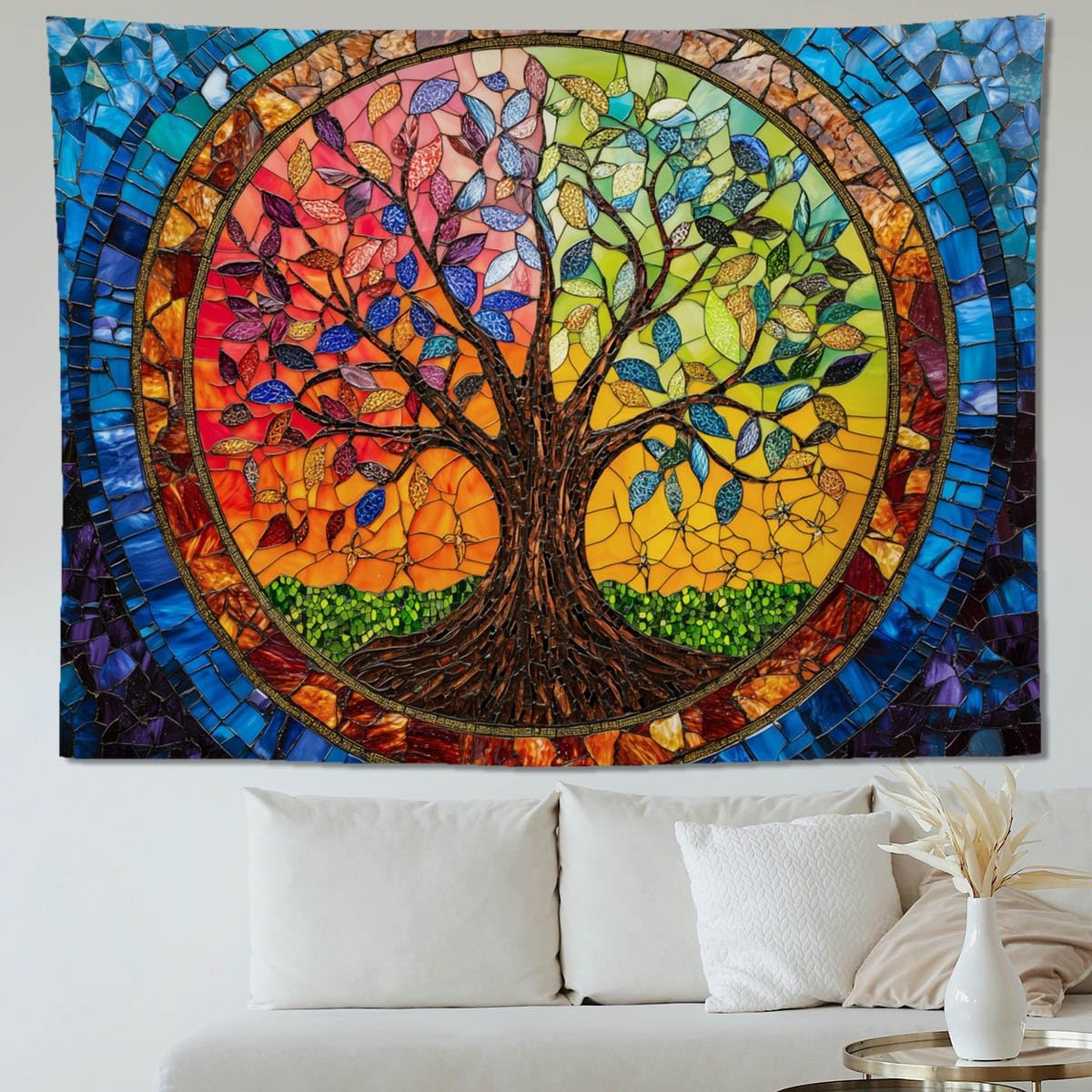 keowhsf Tree of Life Tapestry Wall Hanging – Colorful Stained Glass Look Wall Art with Fantasy Aesthetic, Large Tapestry for Bedroom, Living Room, Home Decor