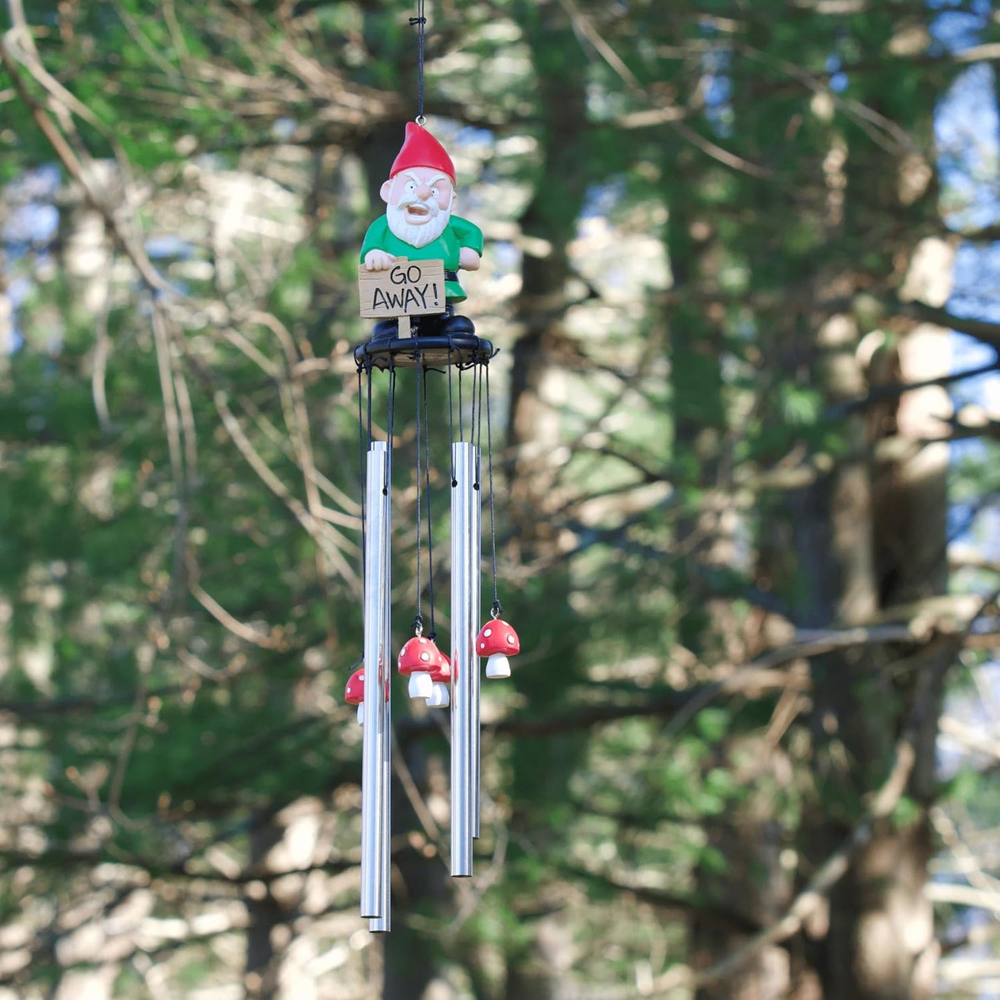 Funny Gnome Wind Chime for Garden or Porch – Peeved Garden Gnome Holding 'Go Away' Sign – Outdoor Yard Décor with Stainless Steel Tubes & Resin Mushroom Strikers – Hilarious Gift Idea