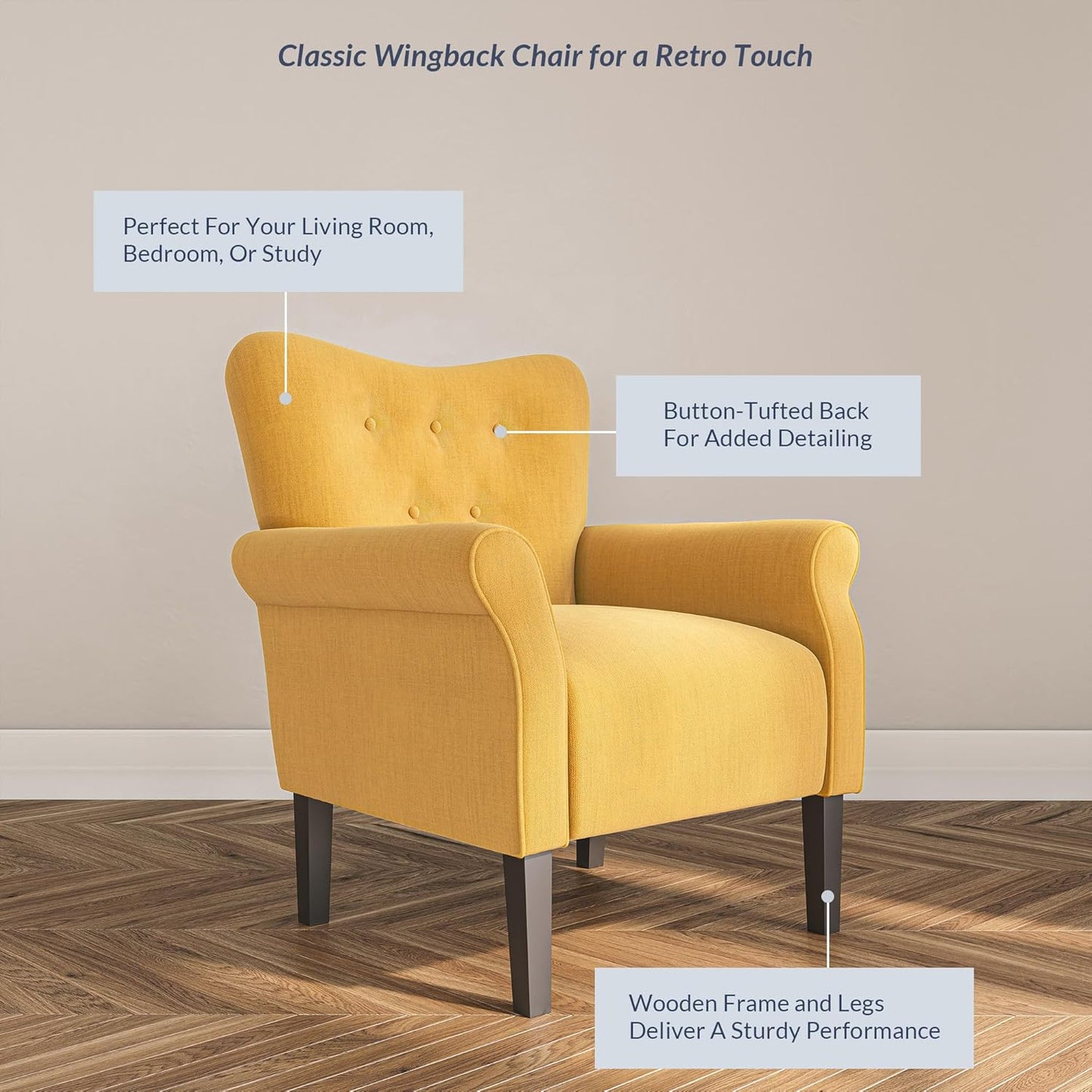 BELLEZE Modern Accent Chair, High Back Armchair, Upholstered Wingback Side Chair, Padded Single Sofa with Wooden Legs for Living Room, Bedroom - Citrine Yellow