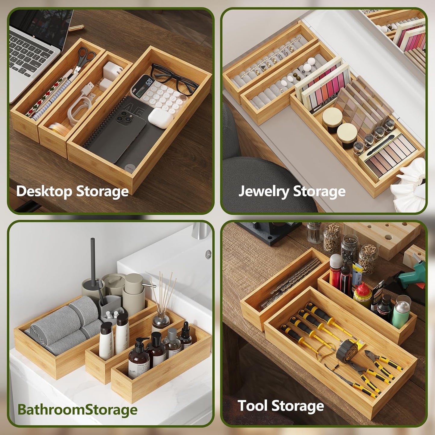 BAMEOS 3-Piece Bamboo Drawer Organizer, Utensil Organizer for Drawer, Junk Drawer Organizer for Kitchen Bathroom, Dressing Room, Office, Pantry (Natural)