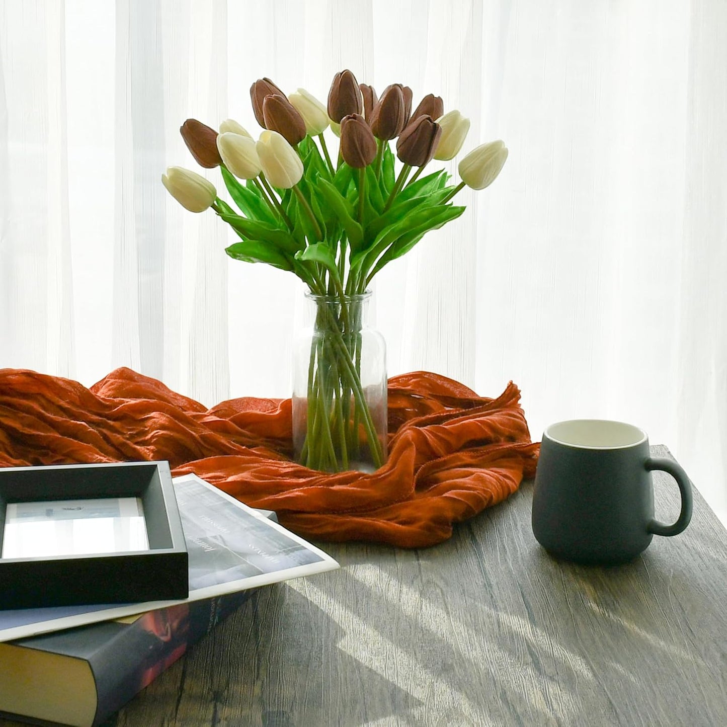 Mandy's Artificial Tulips 20 Stems White and Brown PU Faux Flowers for Wedding Home Decor 13.5 Inch