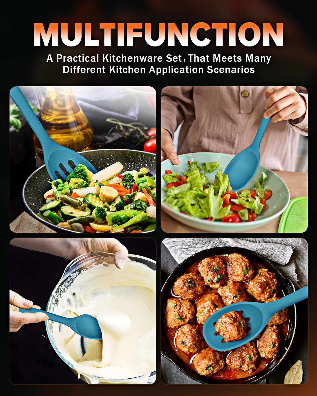 Silicone Cooking Spoons, Great for Scooping Sides and Serving Hearty Stews, BPA-Free Matte Silicone, Wooden Handle Serving Spoon for Nonstick Cooking Surfaces (Blue)