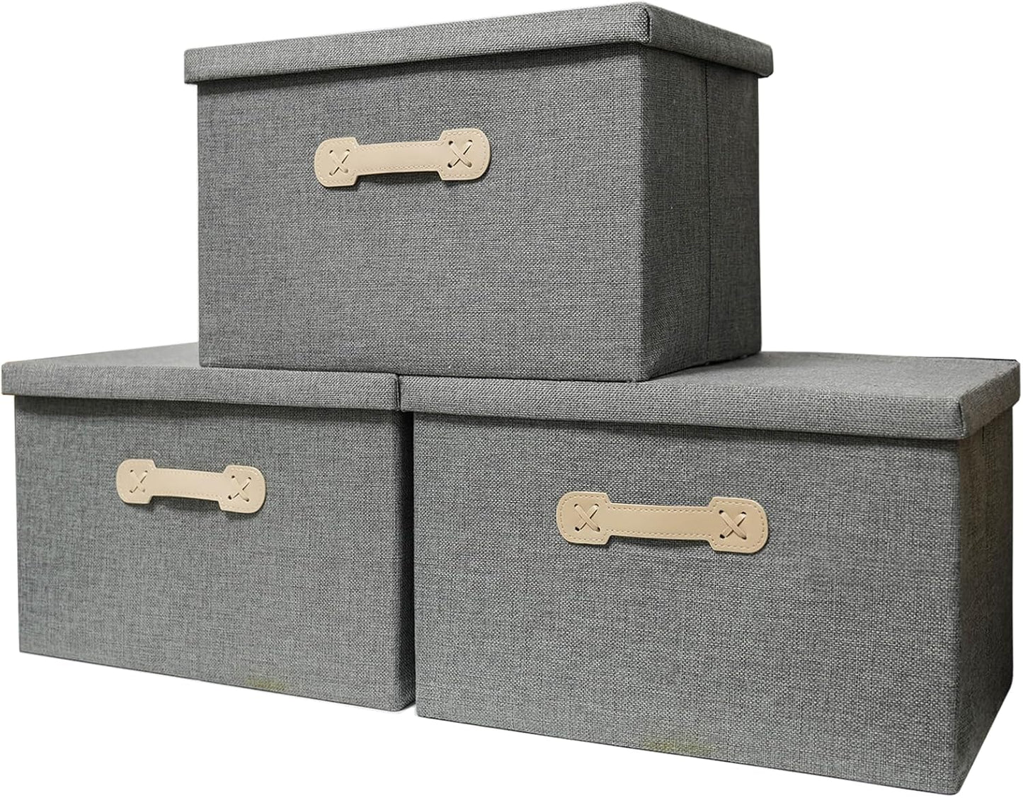 Enzk&Unity Decorative Storage Boxes with Lids, 3 Pack Grey Fabric Storage Bins with Handle, Foldbale and Stackable Storage Boxes for Shelf, Closet, Bedroom, Living Room